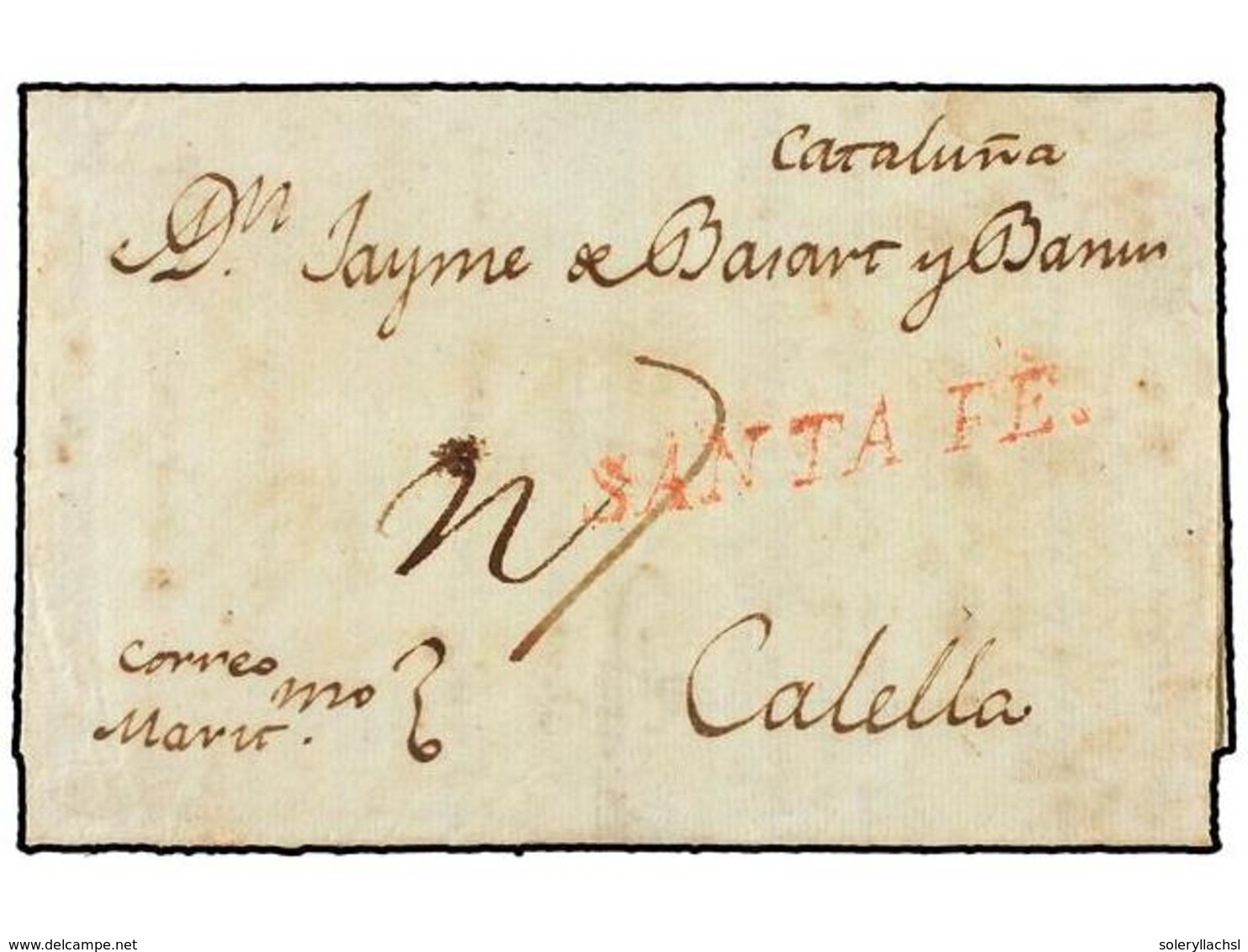 COLOMBIA. 1809 (20 Octubre). CARTAGENA DE INDIAS A CALELLA (Barcelona). Marca SANTA FE En Rojo, Manuscrito 'Correo Marít - Otros & Sin Clasificación