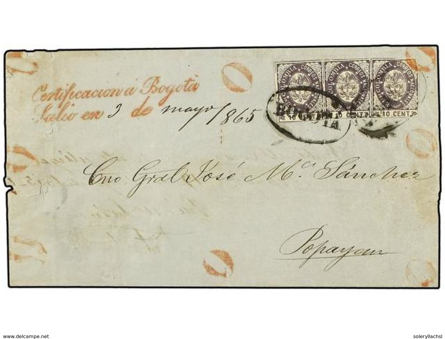 COLOMBIA. 1865 (May 3). Outer Letter Sheet To POPAYAN Sent Registered With Single And A Pair Of 1865 10c. Violet, One Wi - Autres & Non Classés