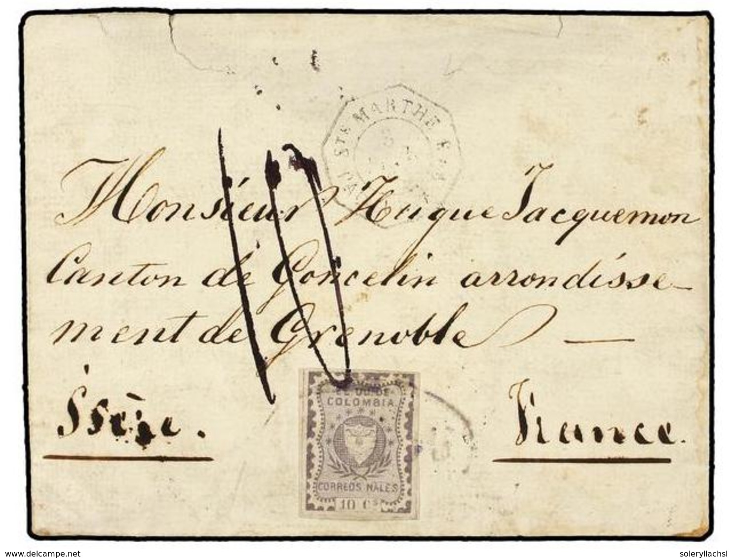 COLOMBIA. Sc.46. 1866. BOGOTA A FRANCIA. Sobre Circulado Con El 10 Cts. Lila, Mat. BOGOTA Dentro De Un óvalo Y Fechador  - Sonstige & Ohne Zuordnung