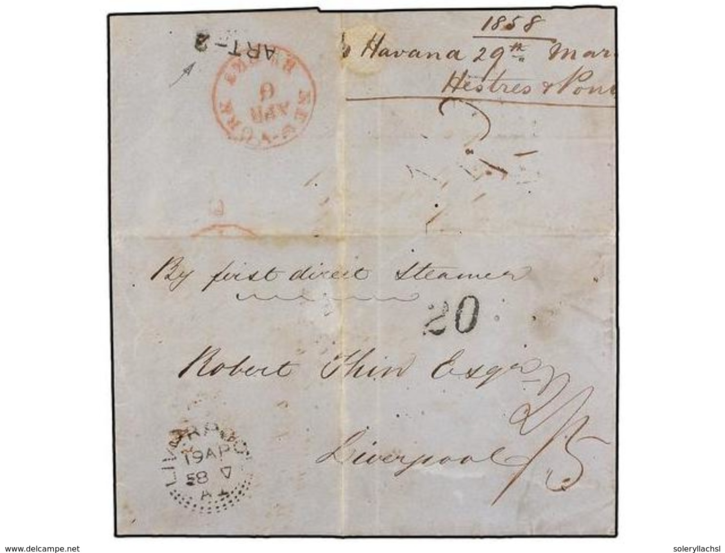 CUBA. 1858. HABANA A LIVERPOLL. Carta Completa, Manuscrito 'B Y First Direct Steamar', Tasada Con 20 Ctvos., Circulada V - Other & Unclassified