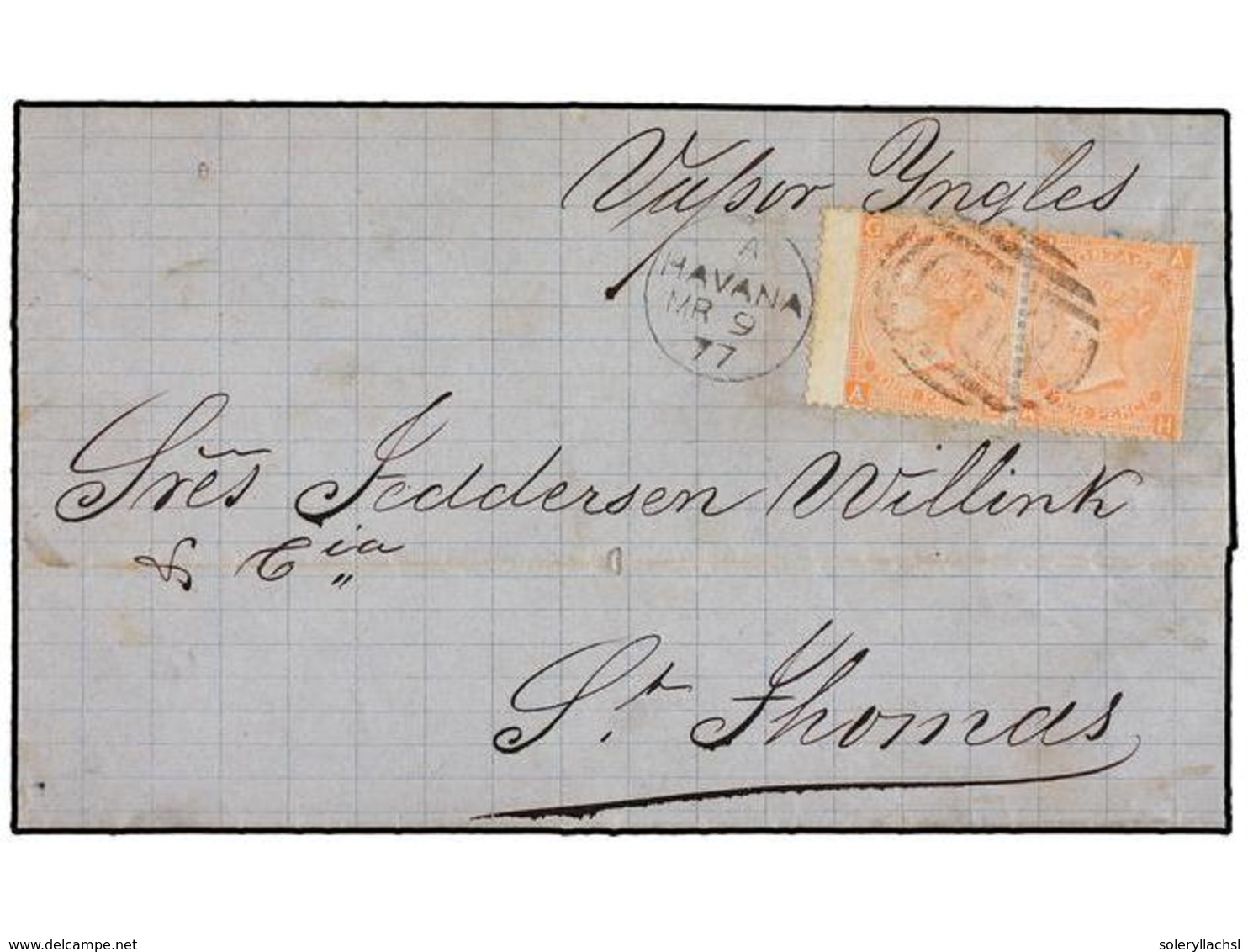 CUBA. 1877. HABANA A ST. THOMAS. Circulada Con Sellos Británicos De 4 D. Naranja (2), Mat. C58 Y Fechador HAVANA, Al Dor - Sonstige & Ohne Zuordnung