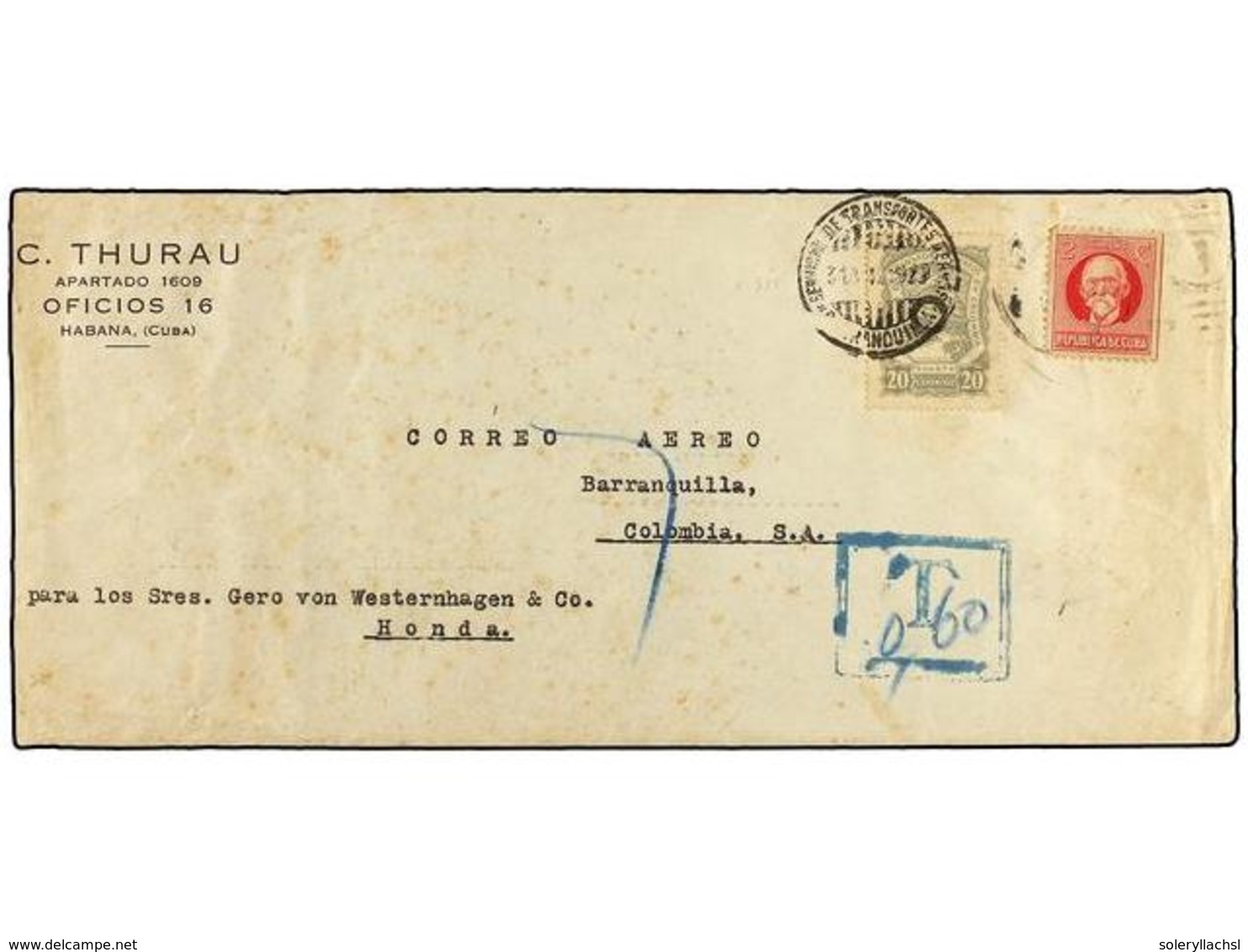 CUBA. 1929 (31-V). HABANA A HONDA Vía BARRANQUILLA. Sello De Cuba De 20 Cts. Rosa Y Sello De SCADTA De 20 Cts. Gris Habi - Autres & Non Classés