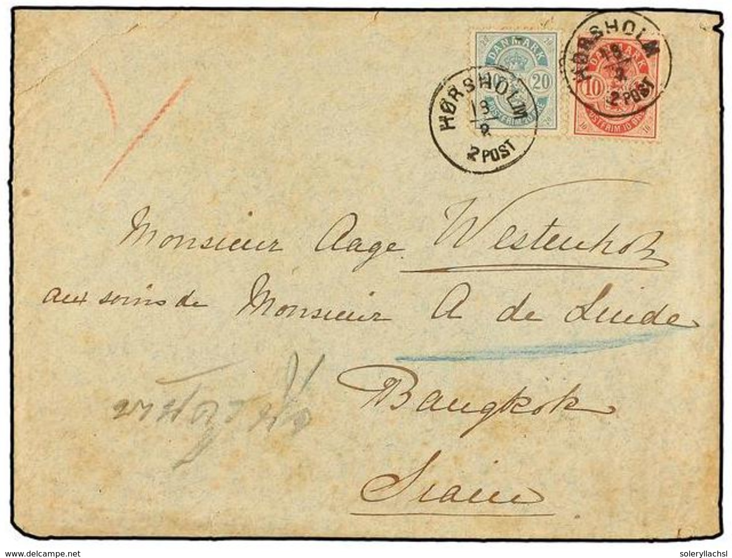 DINAMARCA. 1886. HORSHOLM To BANGKOK (Thailand). Cover Franked With 10 Ore Red And 20 Ore Blue (corner Fault). Arrival O - Autres & Non Classés
