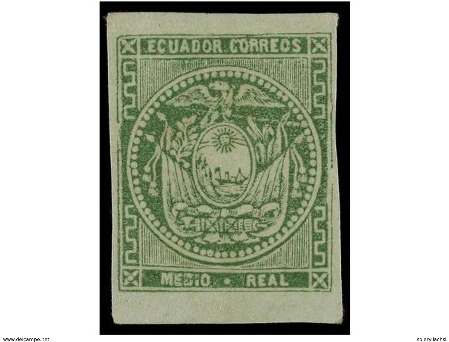 (*) ECUADOR. Sc.2. 1865. 1/2 Real Verde PRUEBA DE COLOR Sobre Papel Azulado. EXCEPCIONAL Y única Conocida. Ex. Col. Long - Autres & Non Classés