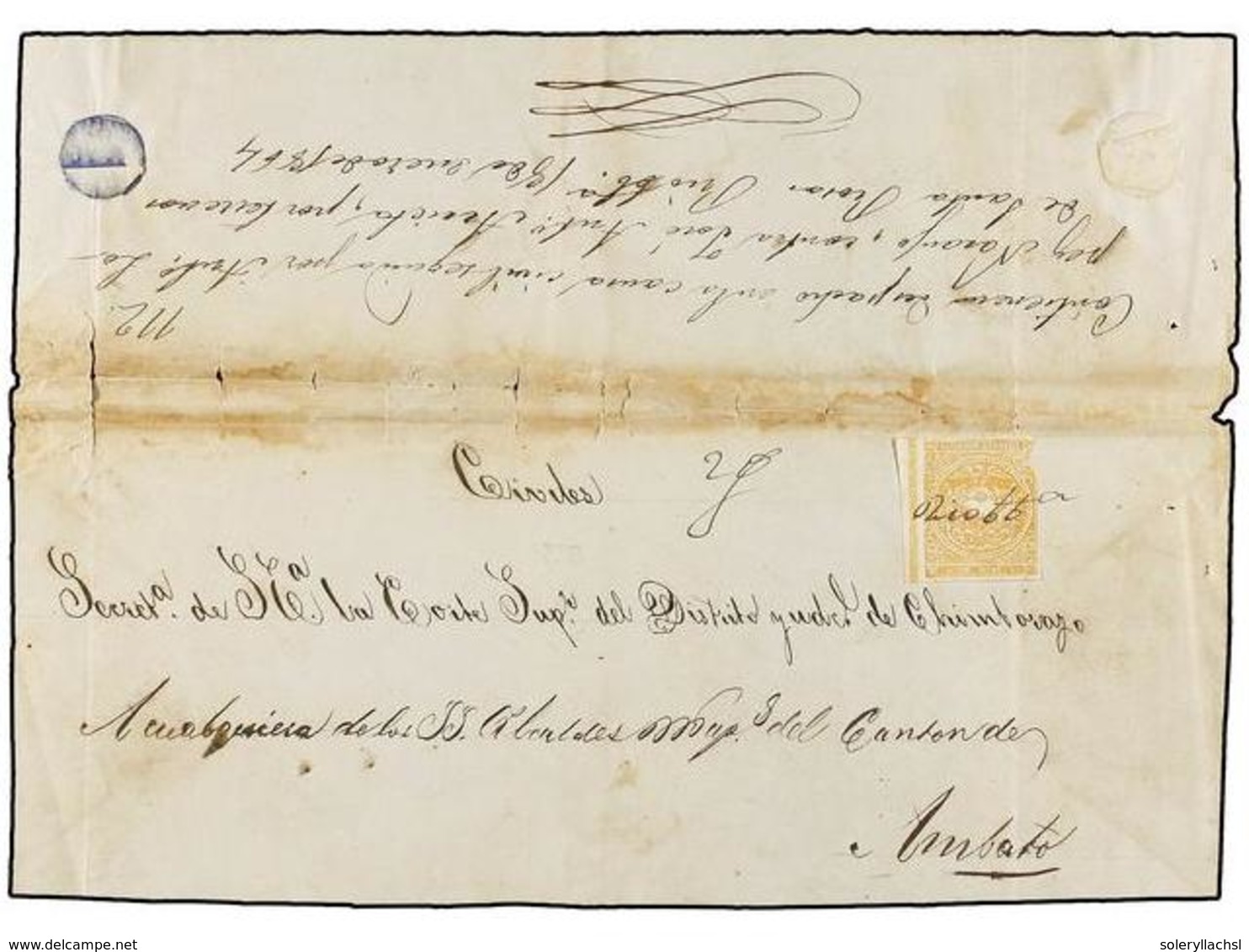 ECUADOR. Sc.1. 1865 (18 Enero). RÍO BAMBA A AMBATO. Plica Judicial Circulada Con Sello De 1 Real Amarillo. Mat. Manuscri - Other & Unclassified