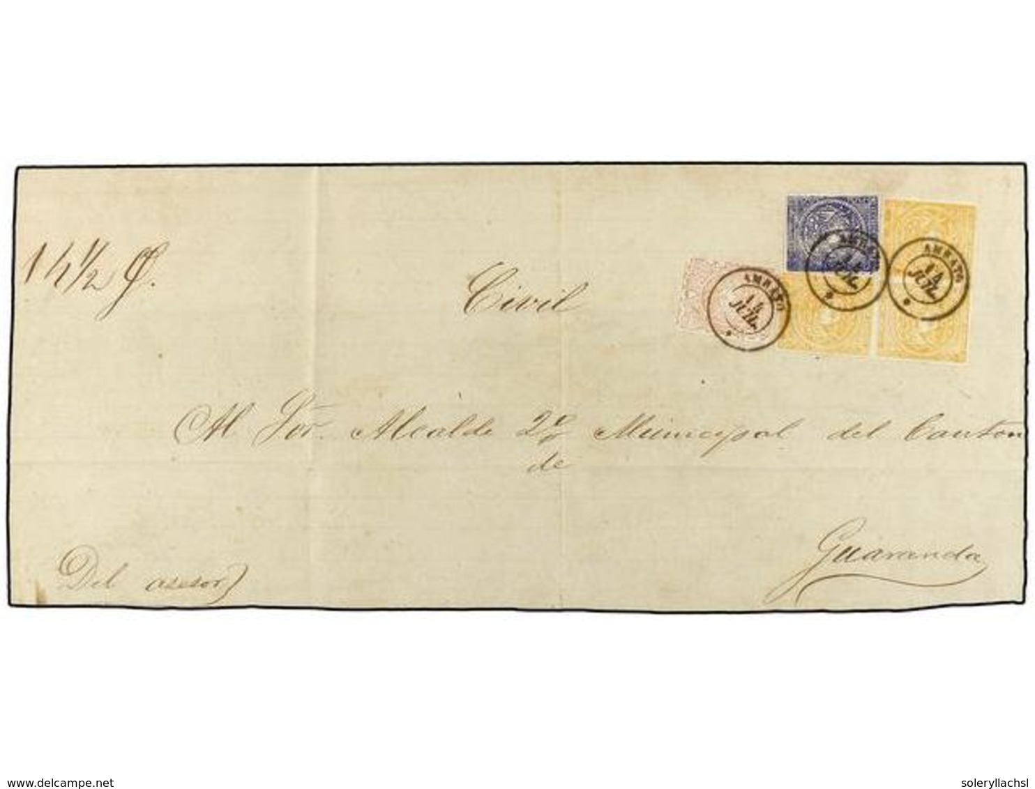 ECUADOR. Sc.1 (3), 2, 6. 1865 (14 Jul). AMBATO A GUARANDA. PLICA JUDICIAL Circulada Con Sellos De 1/2 Real Azul, 1 Real  - Autres & Non Classés