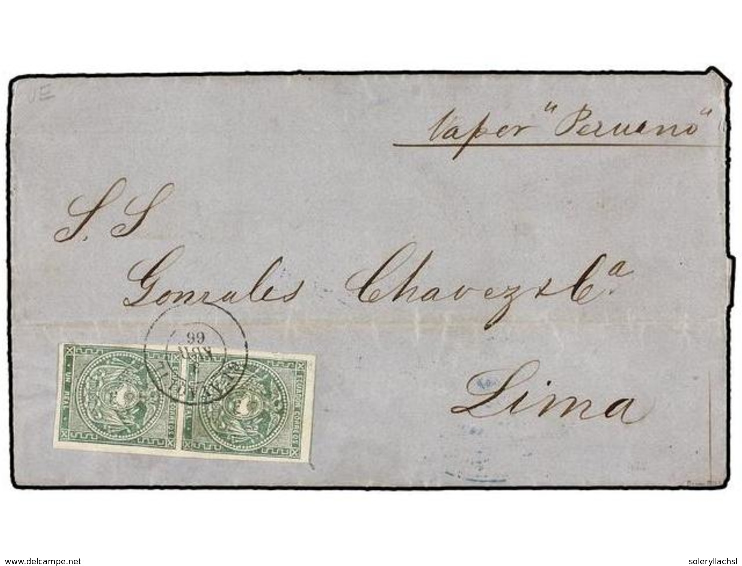 ECUADOR. Sc.5 (2). 1866. GUAYAQUIL A LIMA. 1 Real Verde, Pareja. Mat. Fechador De Guayaquil. Manuscrito 'Vapor Peruano'. - Otros & Sin Clasificación