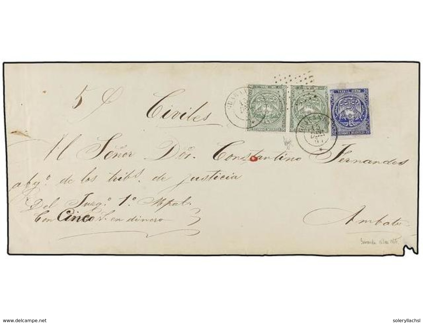 ECUADOR. Sc.2, 5 (2). 1866. GUARANDA A AMBATO. PLICA JUDICIAL Circulada Con Sellos De 1/2 Real Azul Violeta Y Pareja Del - Other & Unclassified