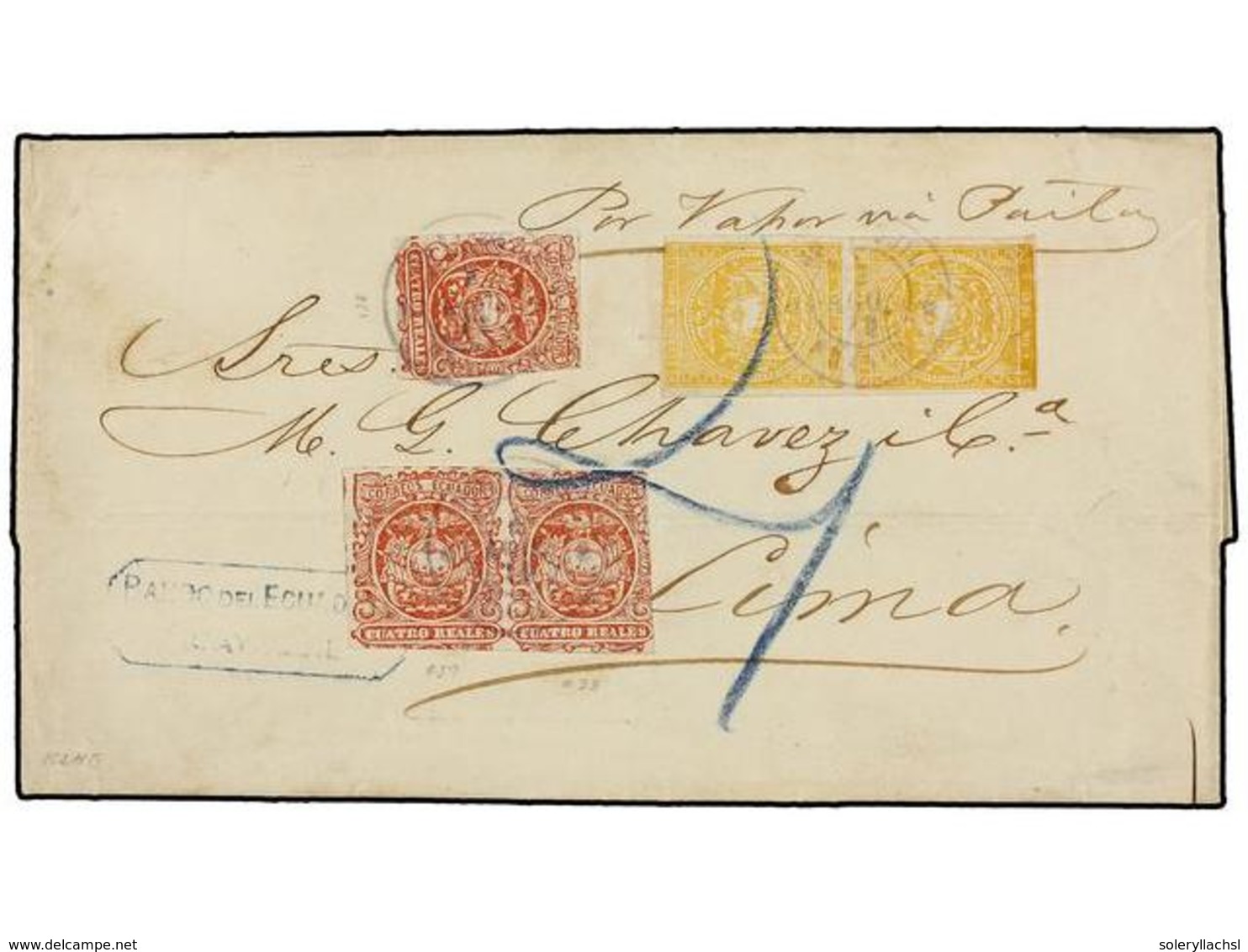 ECUADOR. Sc.1 (2), 6 (3). 1870. GUAYAQUIL A LIMA. 1 Real Amarillo, Pareja Y 4 Reales Castaño Rojo Sello Y Pareja. Mat. F - Other & Unclassified