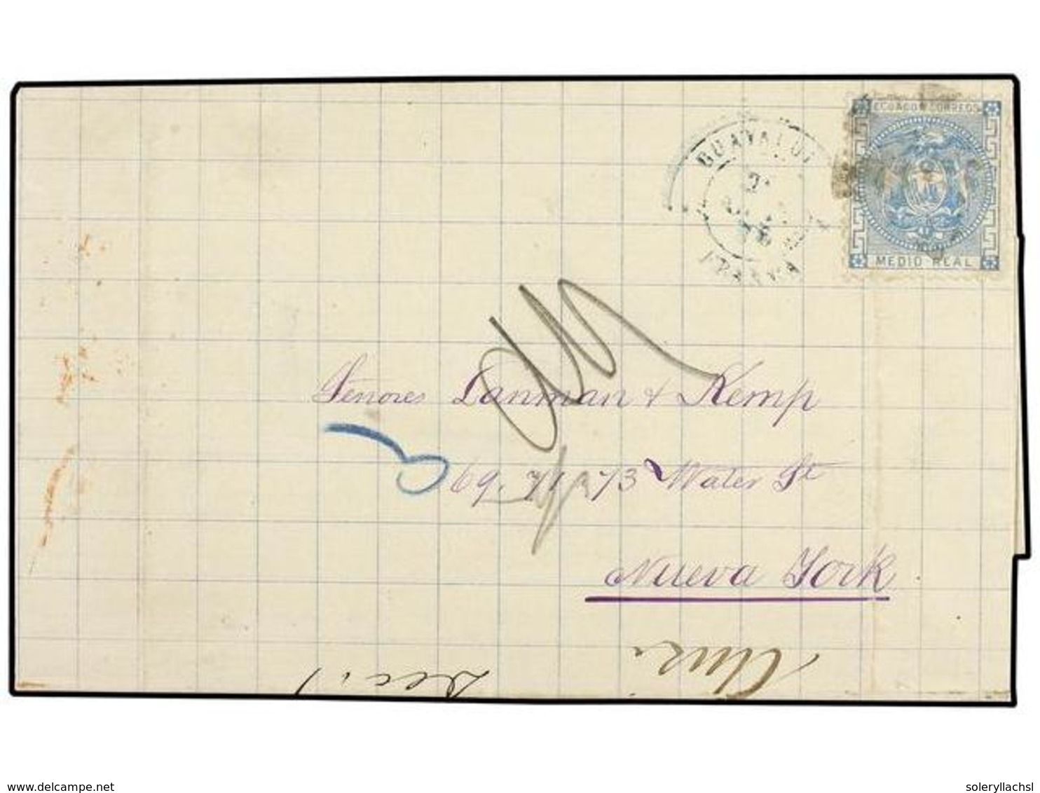 ECUADOR. 1876 (Oct 24). Entire Letter To NEW YORK From GUAYAQUIL Franked By Single 1872 1/2 R. Ultramarine Tied By Black - Other & Unclassified