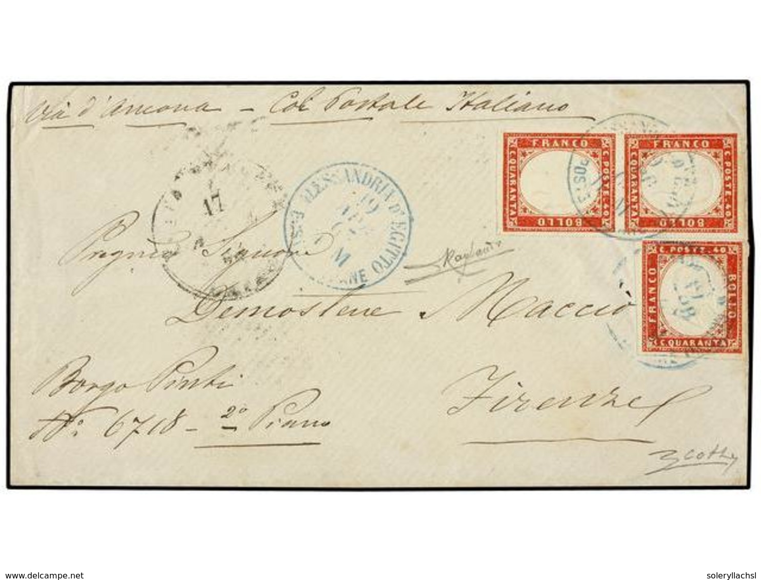 EGIPTO. 1863. CAIRO A FIRENCE. Fechador POSTA EUROPEA/CAIRO Para El Porte Interno Y Sellos De Cerdeña De 40 Cts. Rojo (s - Otros & Sin Clasificación