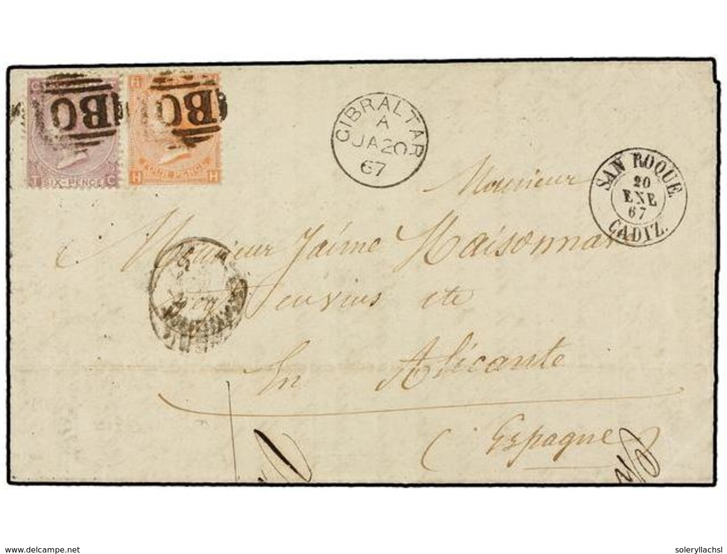 EGIPTO. 1867. ALEXANDRIA To ALICANTE (Spain). GB. 4d. And 6d. Tied By BO1 Numerals And ALEXANDRIA Cds. Sent Via Gibralta - Sonstige & Ohne Zuordnung