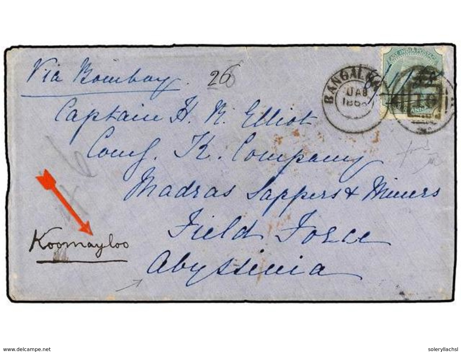 ETIOPIA. 1868 (Jan. 8). ABYSSINIA CAMPAIGN. MARCH TO MAGDALA. Envelope From BANGALORE (India) To Capt. H.M. ELLIOT Of Th - Otros & Sin Clasificación