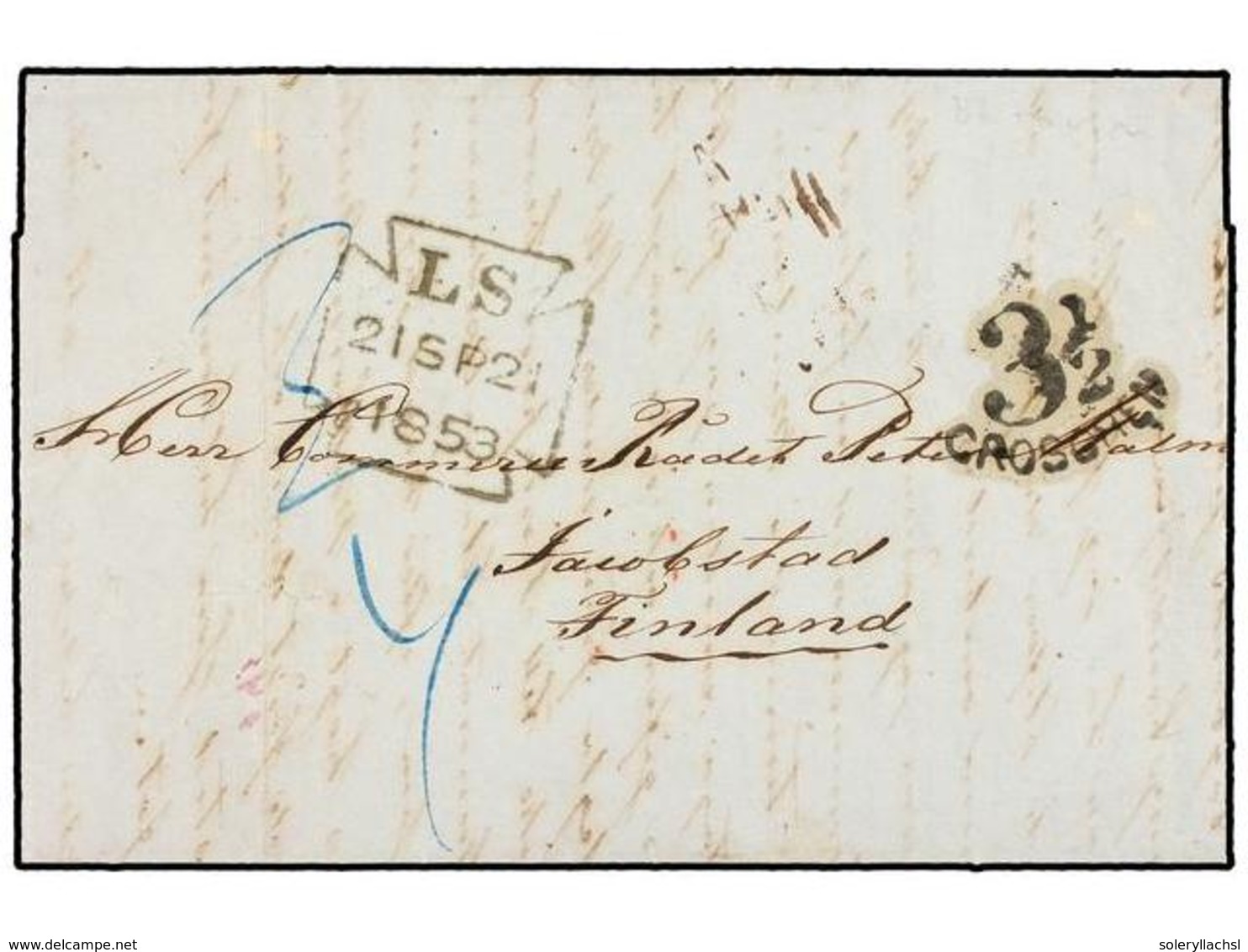 FINLANDIA. 1853. INCOMING MAIL. Entire Letter From BATAVIA (Netherland Indies) To JACOBSTAD (Finland). Rated 3 1/2 Grosc - Andere & Zonder Classificatie