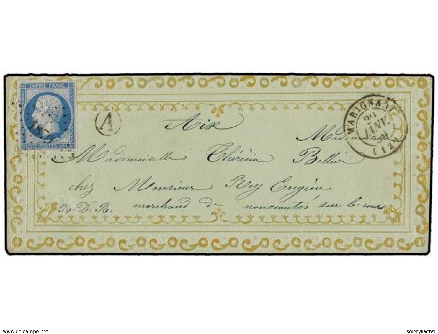 FRANCIA. Yv.14. 1859. MARIGNANE A AIX EN PROVENCE. 20 Cts. Azul. Sobre Con Ornamentación En Relieve Y Oro Impreso. ESPEC - Other & Unclassified