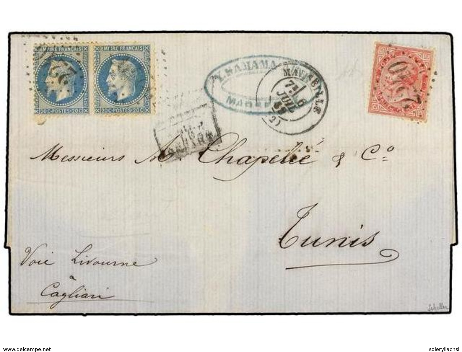 FRANCIA. 1869. MARSELLA A TUNIS. 20 Cts. Azul (2) Y Sello Italiano De 40 Cts. Rosa Con Mat. Rombo De Puntos 2240 De Mars - Otros & Sin Clasificación