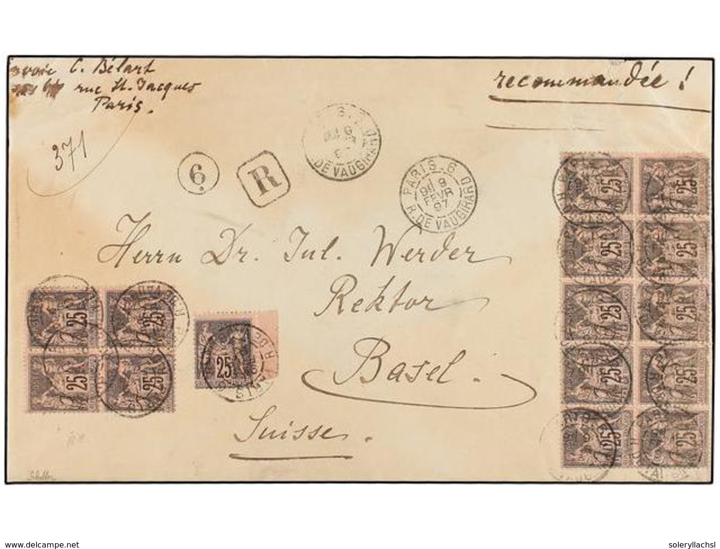 FRANCIA. Yv.97 (15). 1897. PARÍS A BASEL (Suiza). 25 Cts. Negro S. Rosa, Sello, Bloque De Cuatro Y Bloque De Diez. Carta - Otros & Sin Clasificación