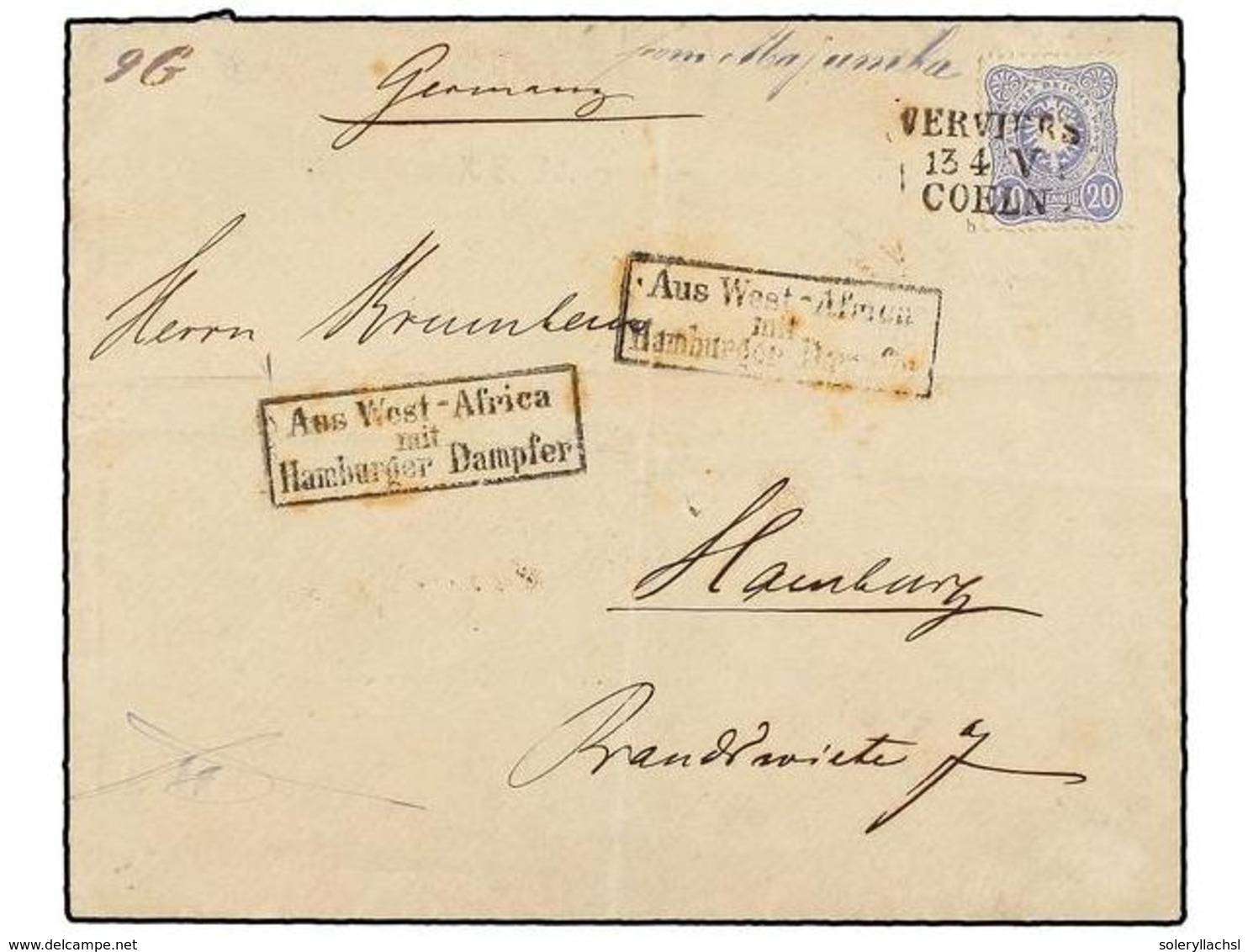 CONGO FRANCES. 1886. MAJUMBA (French Congo) To HAMBURG. Envelope Franked With German 20 Pf. Blue Tied By VERVIERS/13-4-V - Sonstige & Ohne Zuordnung