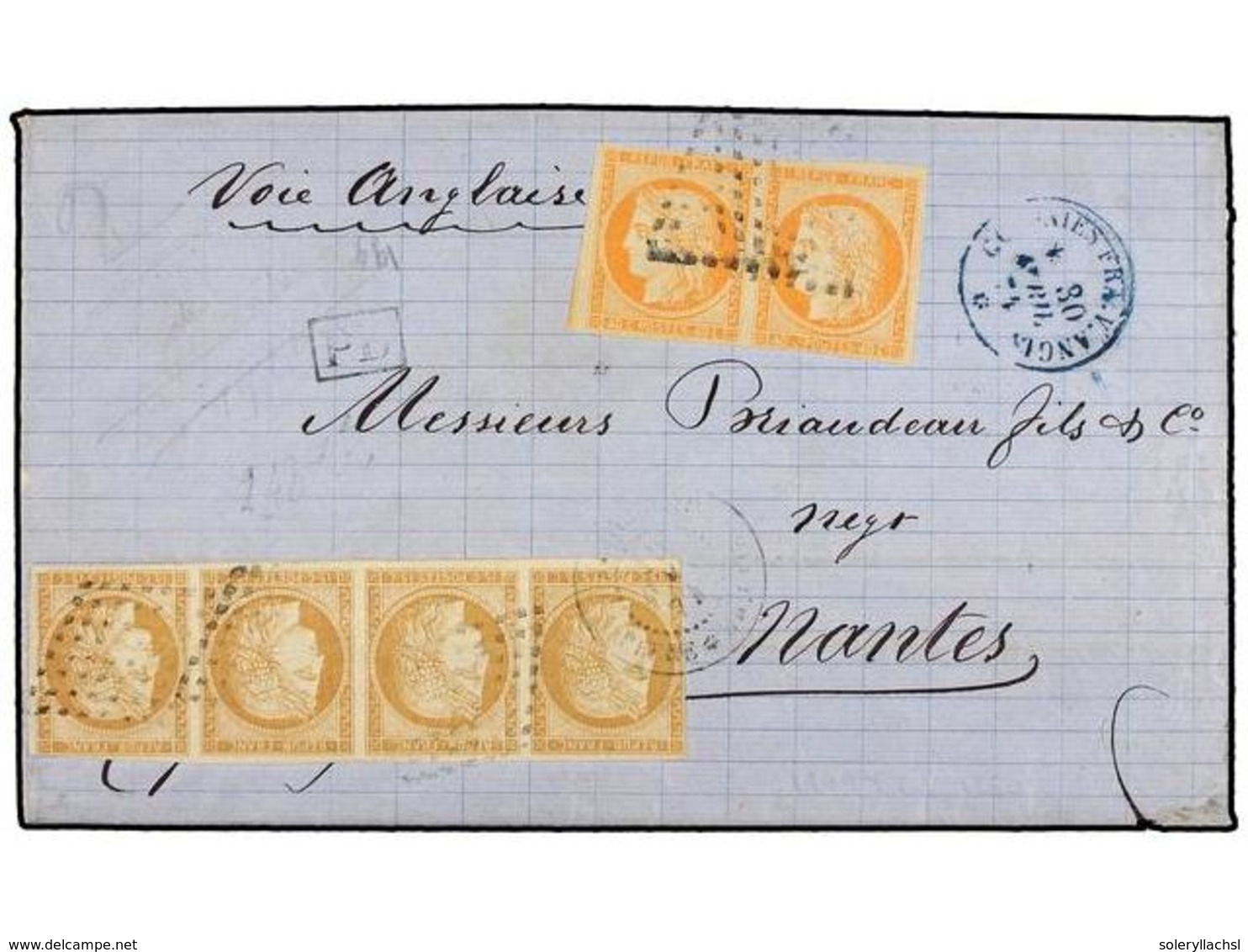 GUADALUPE. 1874. POINTE A PITRE A FRANCIA. 15 Cts. Bistre Tira De Cuatro (pliegue De Archivo) Y 40 Cts. Naranja Pareja.  - Sonstige & Ohne Zuordnung