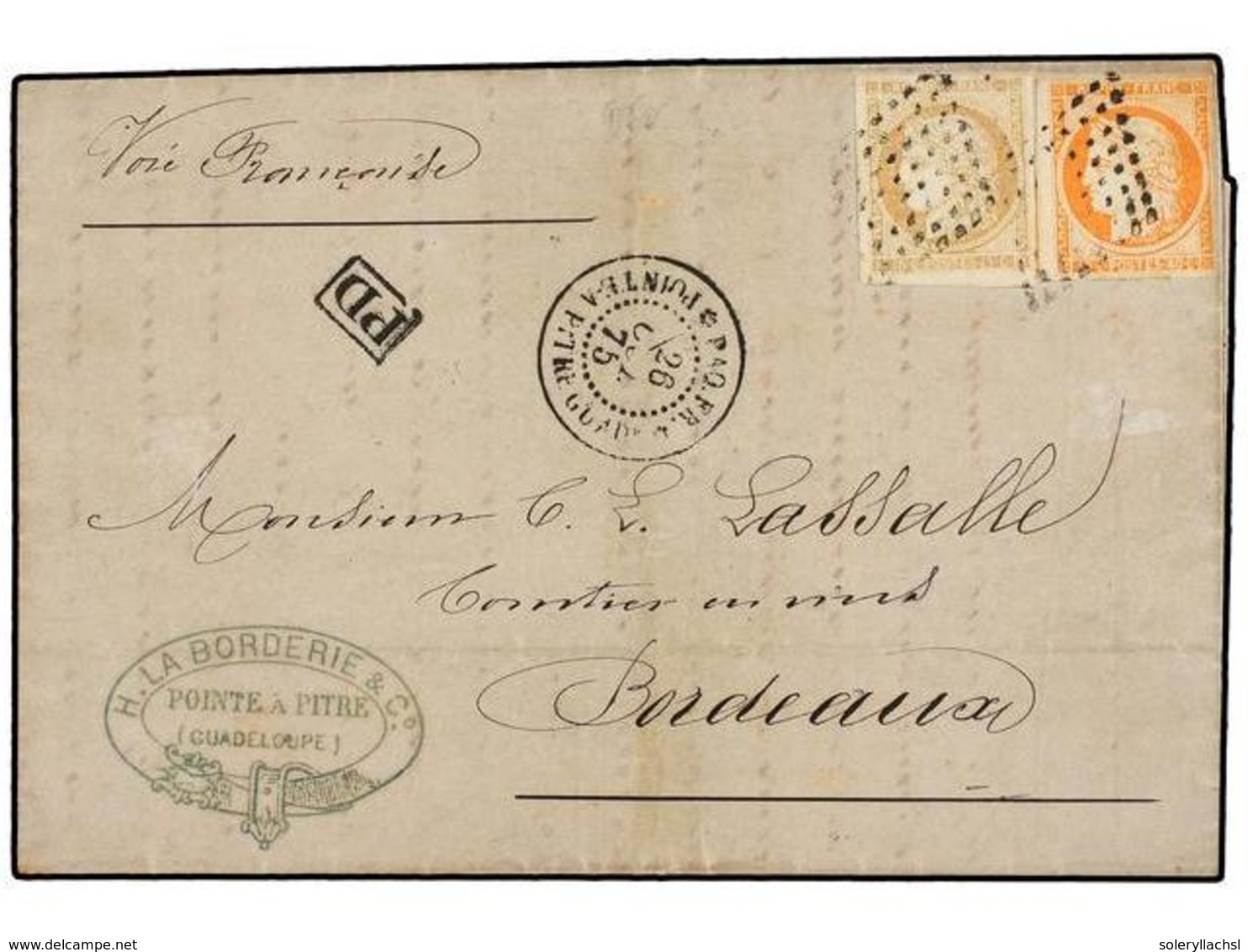 GUADALUPE. 1875. POINTE A PITRE A FRANCIA. 15 Cts. Bistre Y 40 Cts. Naranja. Mat. ROMBO DE PUNTOS Y Fechador PAQ.FR/POIN - Otros & Sin Clasificación