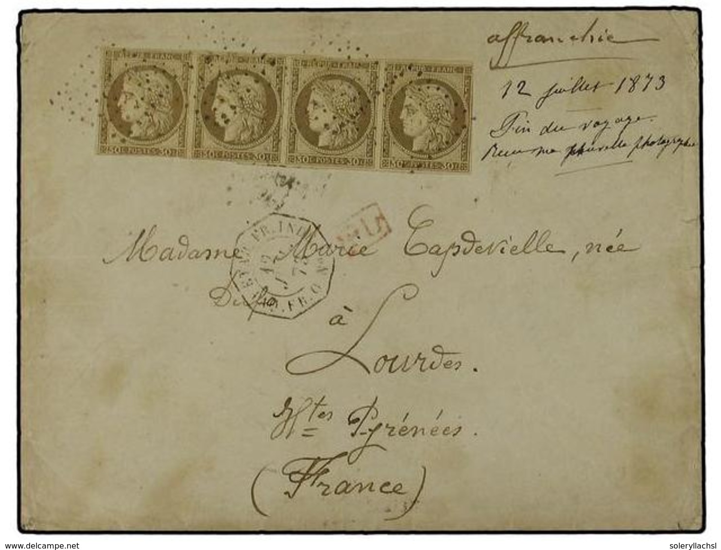 INDIA FRANCESA. Sc.20. 1873 (July 12). Double Rate Cover To LOURDES Franked By 30 C. Strip Of Four, Margins Just Touched - Otros & Sin Clasificación