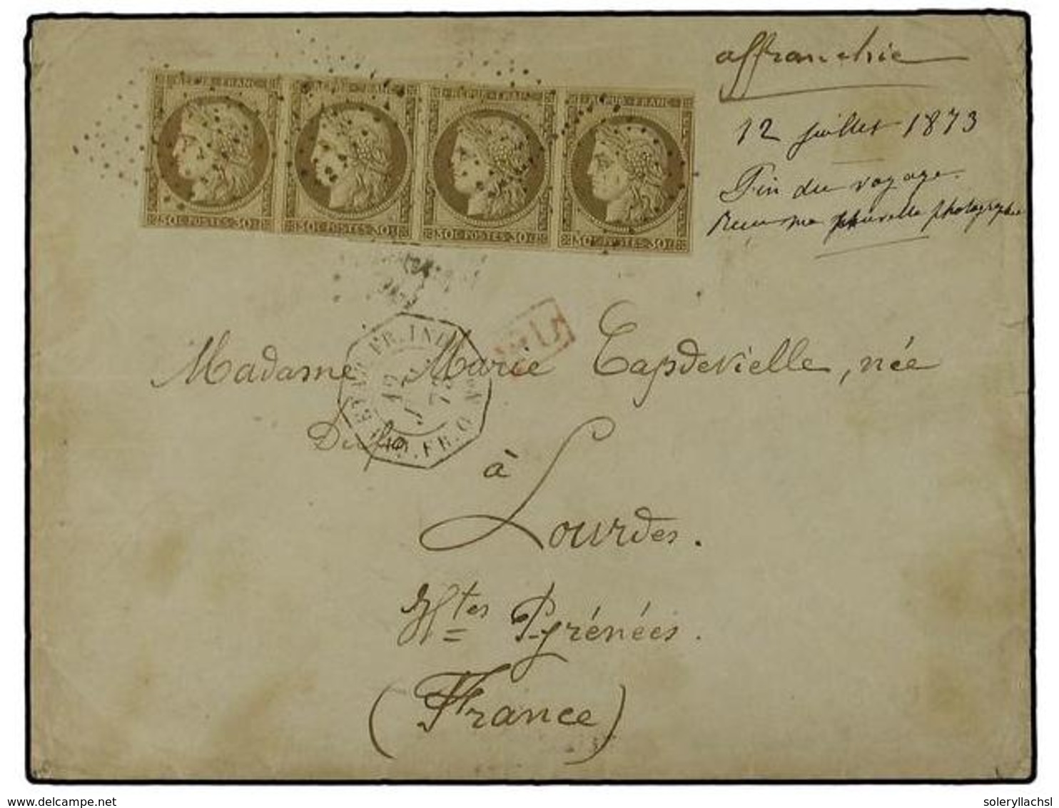 INDIA FRANCESA. Sc.20. 1873 (July 12). Double Rate Cover To LOURDES Franked By 30 C. Strip Of Four, Margins Just Touched - Other & Unclassified