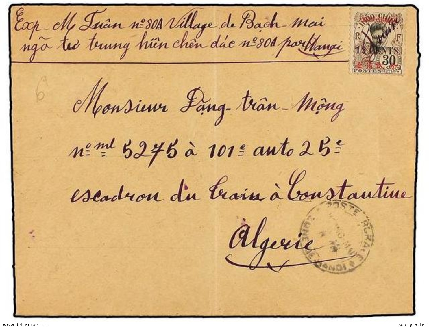 INDOCHINA. Yv.90. 1920. Envelope (vertical Fold) Written From Bach-Mai Village Addressed To ALGERIA, North Africa Bearon - Sonstige & Ohne Zuordnung