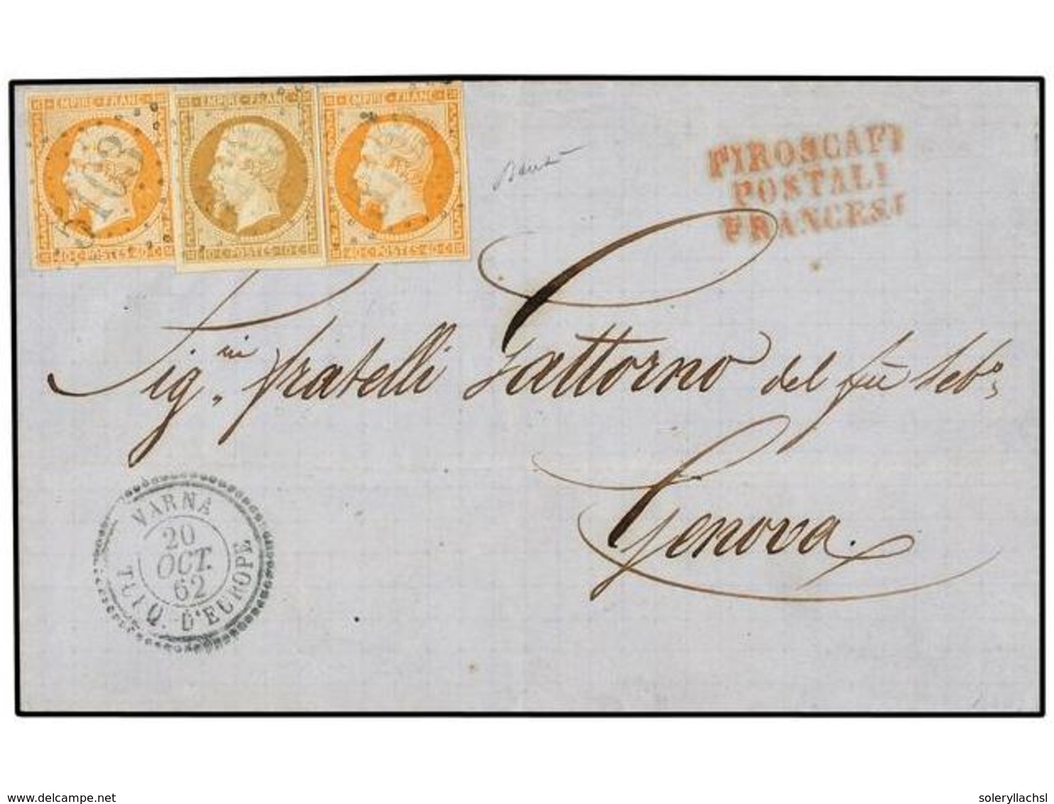 LEVANTE: CORREO FRANCES. 1862. VARNA (Bulgaria) A GÉNOVA. Circulada Con Sellos Franceses De 10 Cts. Bistre Y 40 Cts. Nar - Other & Unclassified