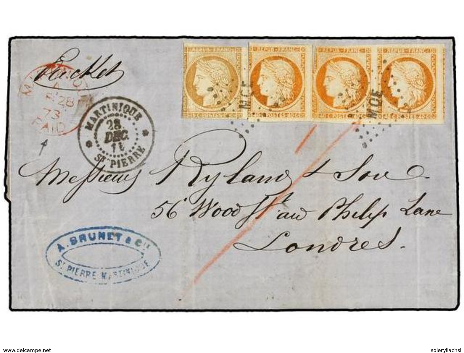MARTINICA. 1873. ST. PIERRE To LONDON Via British Packet Bearing 15 Cts. Bister And Three 40 Cts. Orange Stamps (short M - Otros & Sin Clasificación