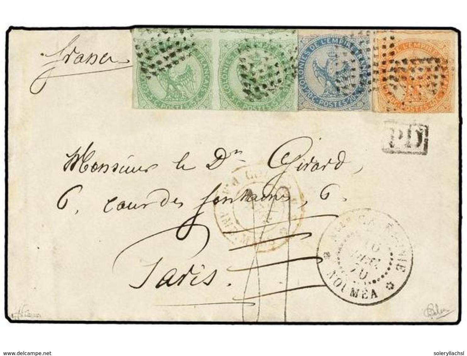 NUEVA CALEDONIA. 1870 (December 16). Small Envelope To PARIS With Eagles 5 C. Pair (rare Used In N. Caledonia) + 20 C. B - Otros & Sin Clasificación