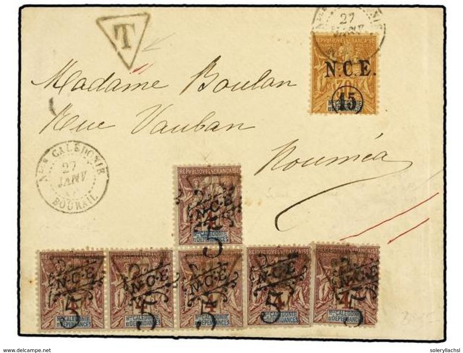 NUEVA CALEDONIA. Ce.56,T7. 1902 C (Jan 27). Cover From BOURAIL To NOUMEA Franked By 1900 NCE 15c. On 30c. Brown Tied By  - Sonstige & Ohne Zuordnung