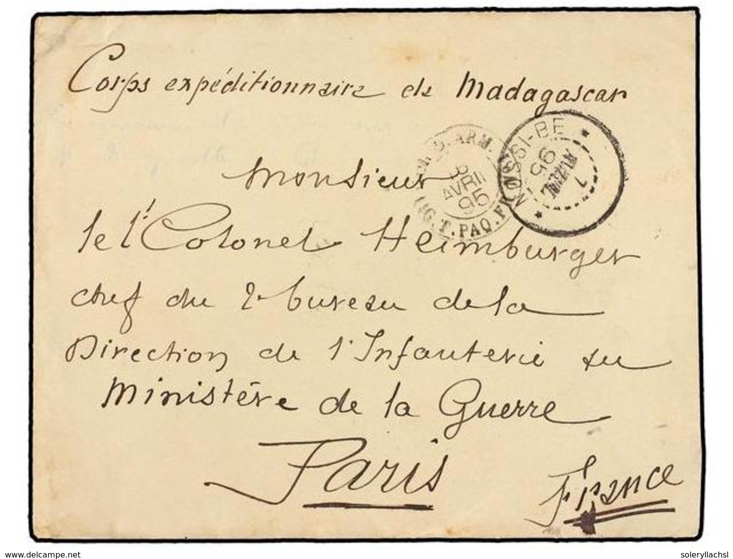 NOSSI-BE. 1895. NOSSI-BE A PARÍS. Sobre Con Indicación Manuscrita 'Corps Expeditionaire De Madagascar', Fechador NOSSI-B - Autres & Non Classés