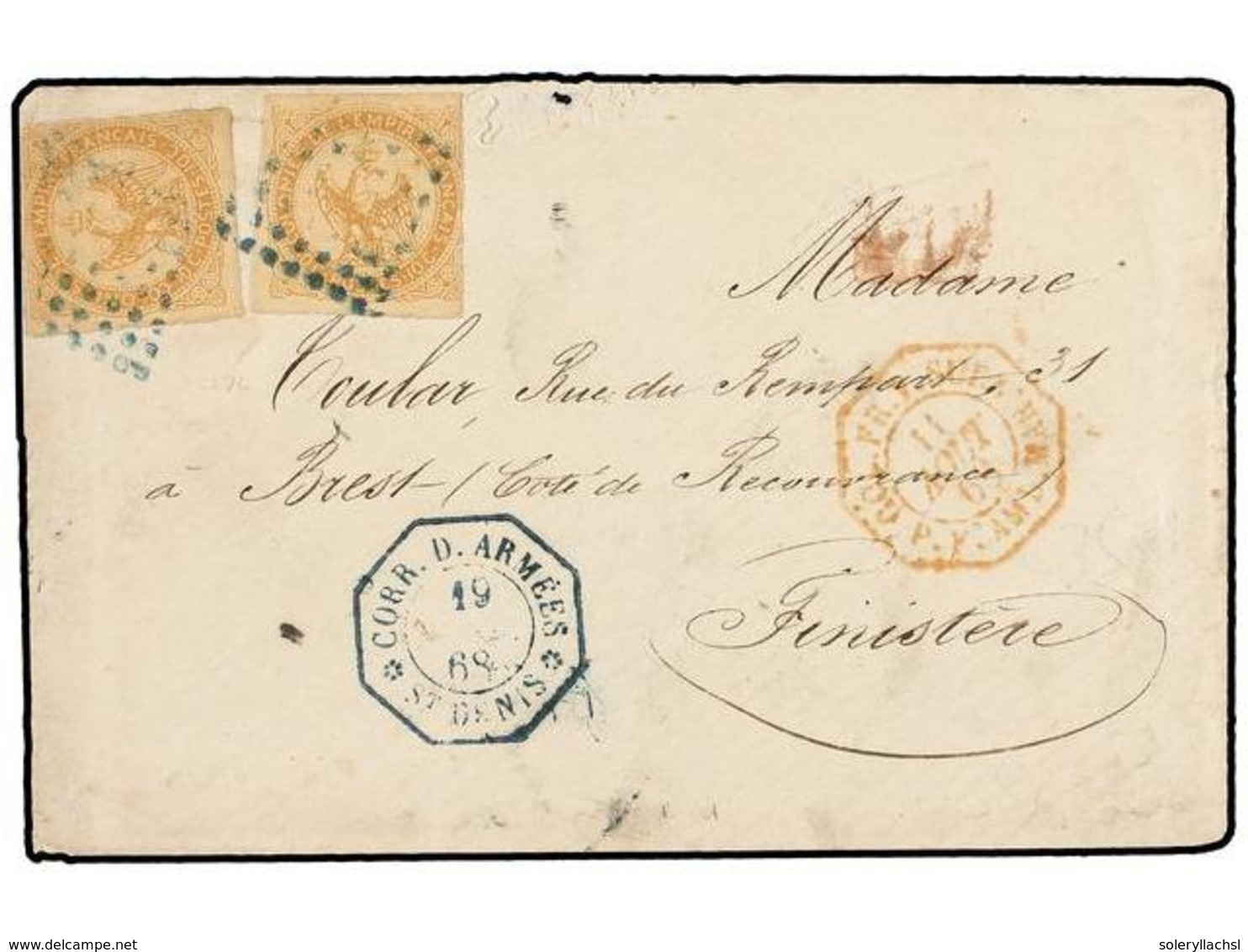 REUNION. 1868. ST. DENIS A FRANCIA. 10 Cts. Bistre (2) De La Emisión De Águilas, Mat. ROMBO DE PUNTOS En Azul Y Fechador - Autres & Non Classés