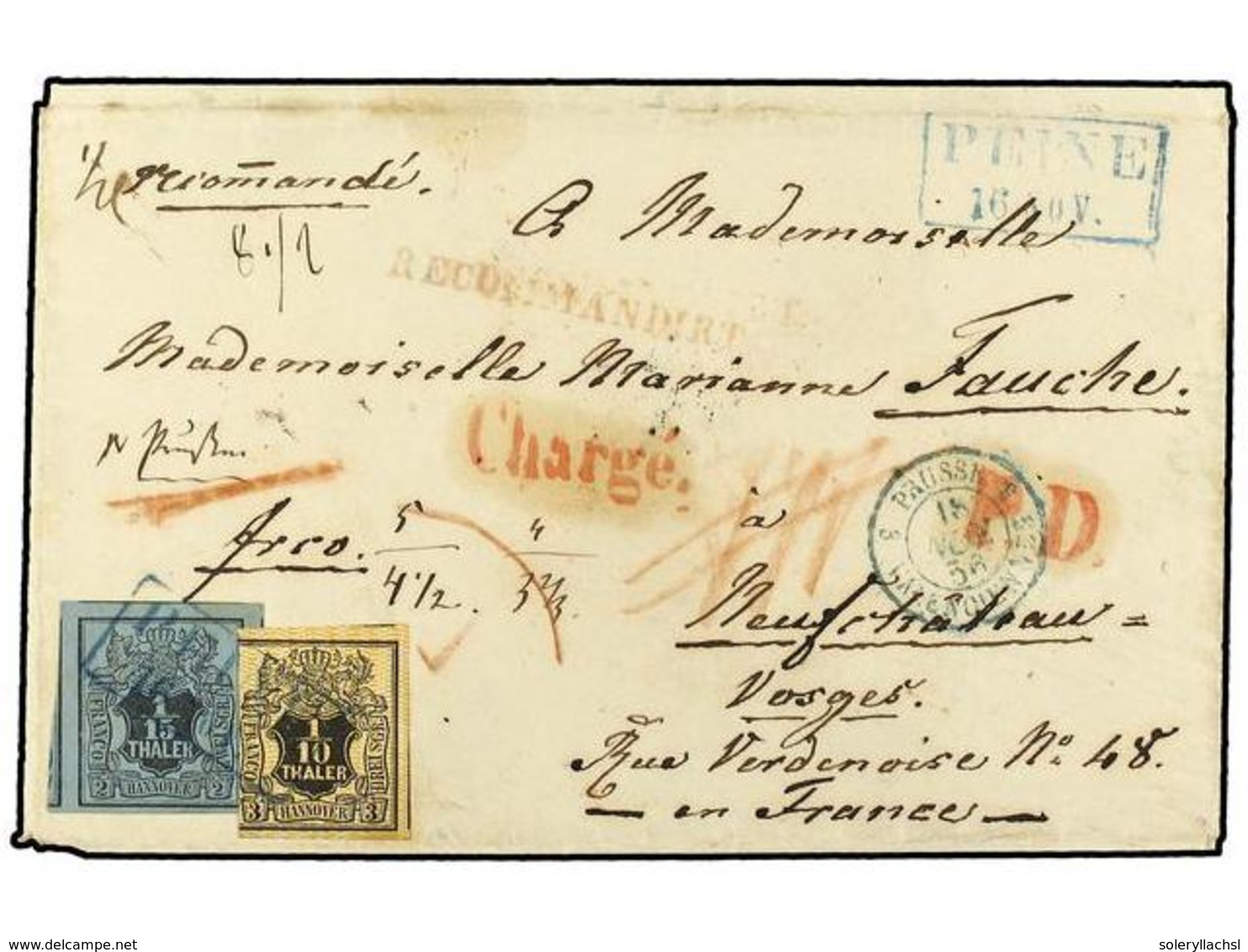 ALEMANIA ANTIGUOS ESTADOS: HANNOVER. 1856 (Nov 18). Registered Cover To NEUFCHÂTEAU, France Franked With Very Fine 1852  - Other & Unclassified