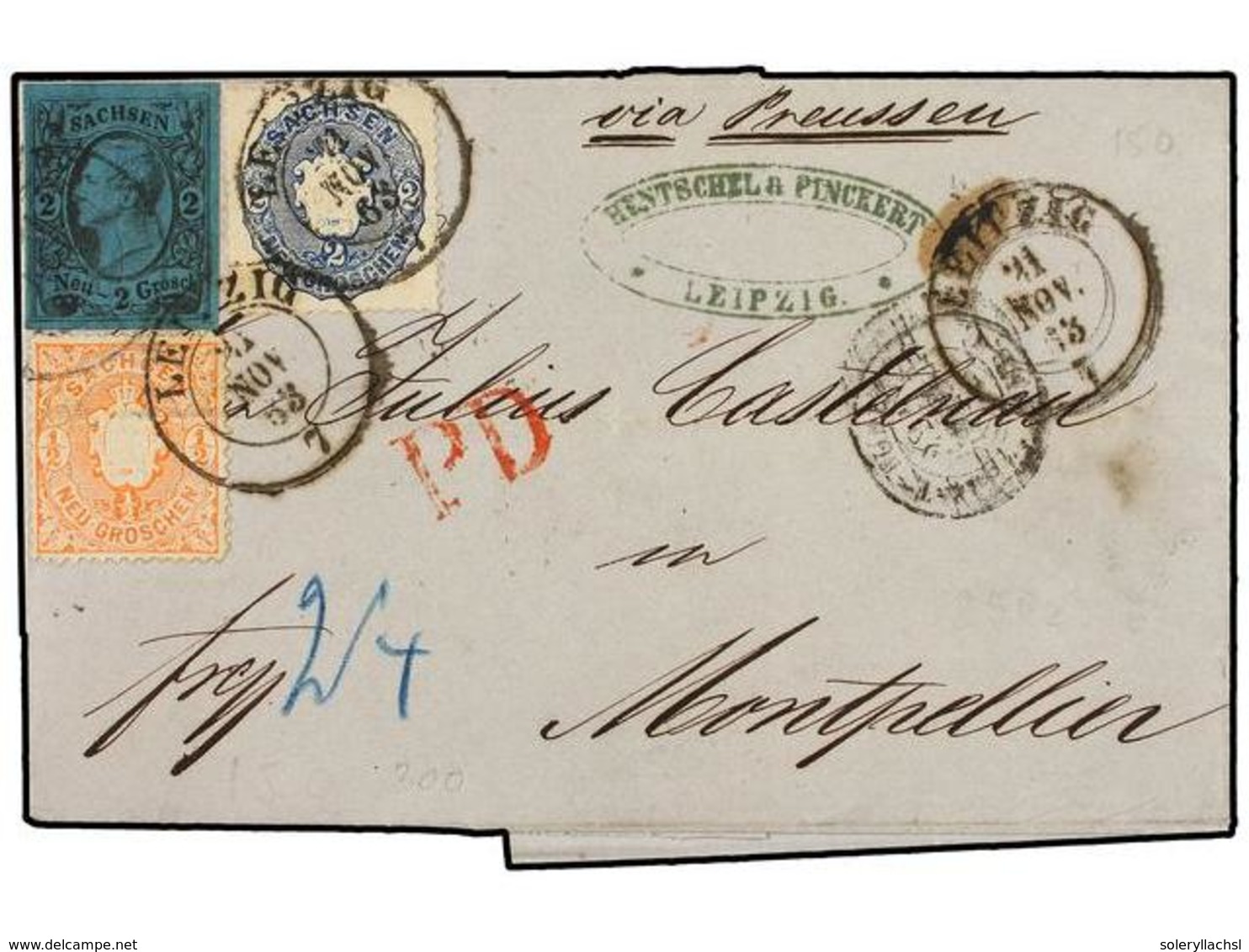 ALEMANIA ANTIGUOS ESTADOS: SAJONIA. Mi.10, 15, 17. 1863. LIEPZIG To FRANCE. 1/2 Ngros, 2 Ngros (2). Nice Franking Mixed  - Other & Unclassified