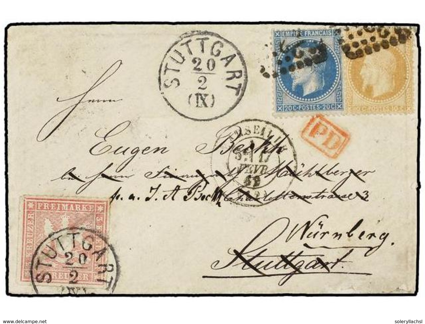ALEMANIA ANTIGUOS ESTADOS: WURTEMBERG. 1869. MARSEILLE To STUTTGART. 10 Cts. Bister And 20 Cts. Blue, Redirected To WURN - Sonstige & Ohne Zuordnung