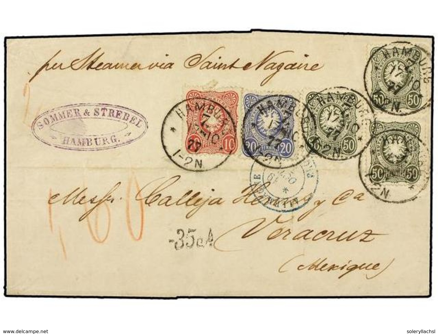 ALEMANIA. 1877. HAMBURGO A VERACRUZ. 10 Pf. Rosa, 20 Pf. Azul Y 50 Pf. Verde (2) Pliegue De Archivo Que Afecta A Un Sell - Other & Unclassified