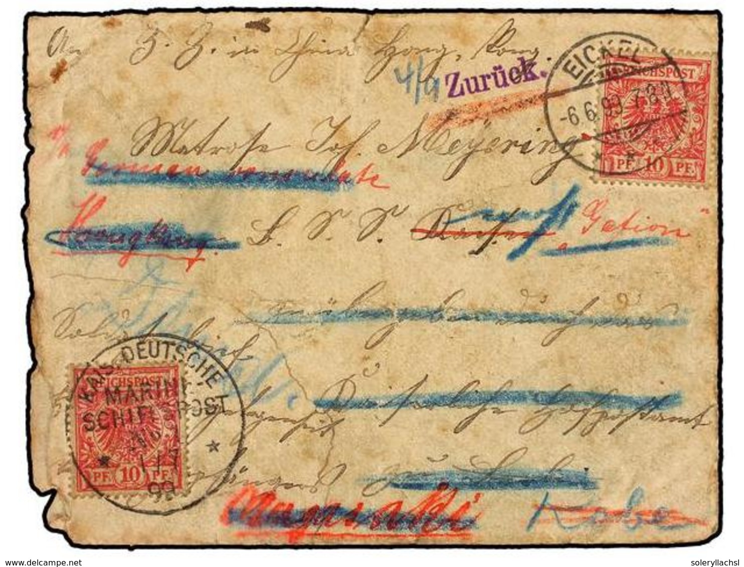 ALEMANIA. 1899. Germany 10 Pf., 'Eickel 6.6.99' On Cover Addressed To Navy Ship Unit Via Berlin Court Post Office (domes - Autres & Non Classés