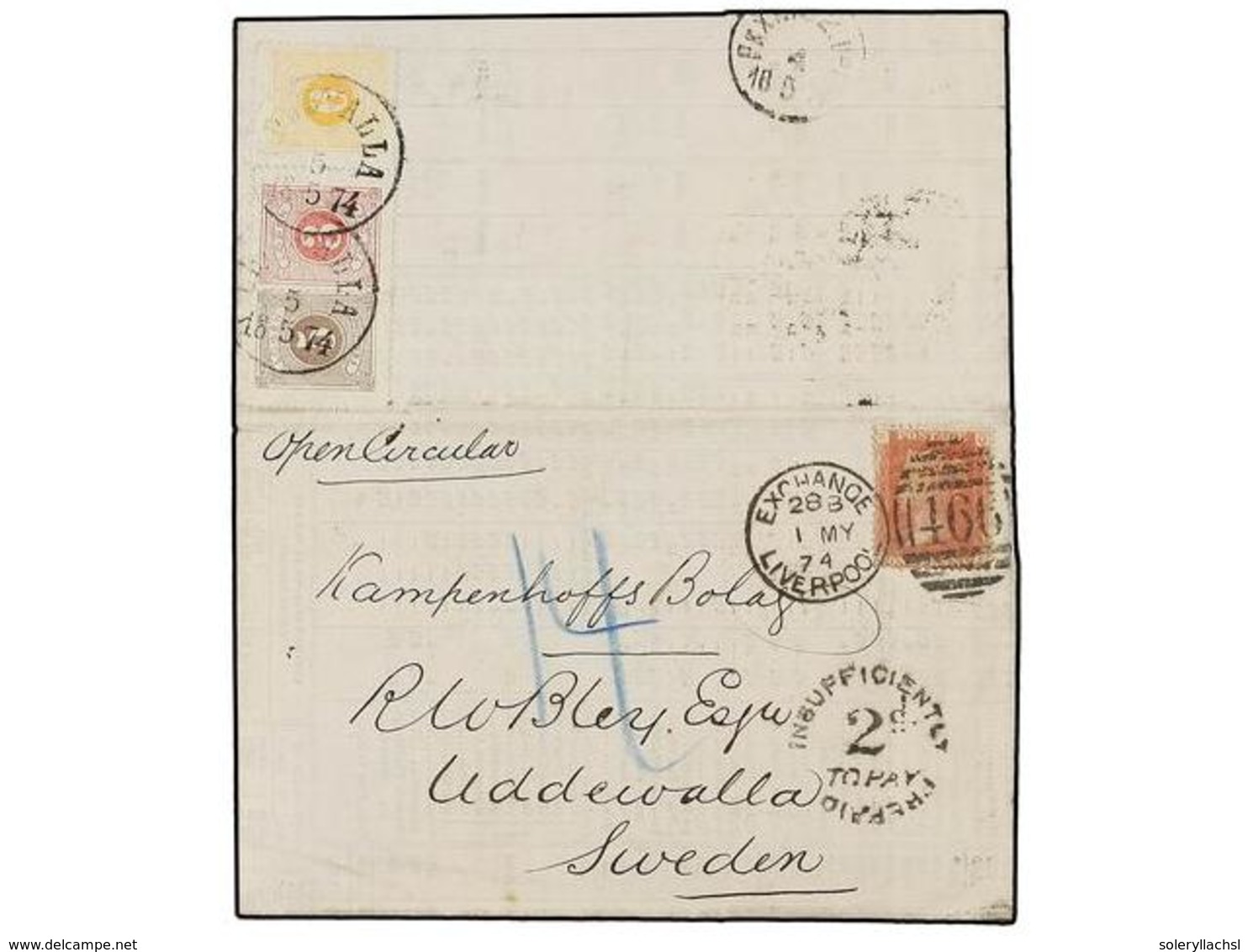 GRAN BRETAÑA. 1874. LIVERPOOL To SWEDEN. Circular Folded Letter Franked With 1 D. GB Stamp Charged 2 D. And Taxed On Arr - Other & Unclassified