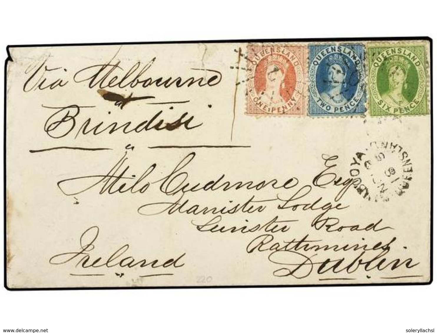 QUEENSLAND. 1875. Cover From CAMBOYA No 19 To DUBLIN, 9 D. Single Rate Via Brindisi, With 1 D. + 2 D. + 6 D. Tied By Ray - Sonstige & Ohne Zuordnung