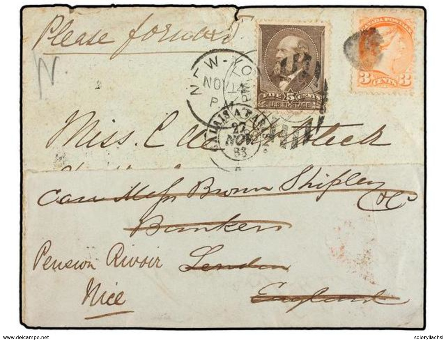 CANADA. 1883. HAMILTON A U.S.A. Envelope Franked 3 Cts. Orange By CORK Cancel Redirected To London With USA 5 Cts. Brown - Otros & Sin Clasificación