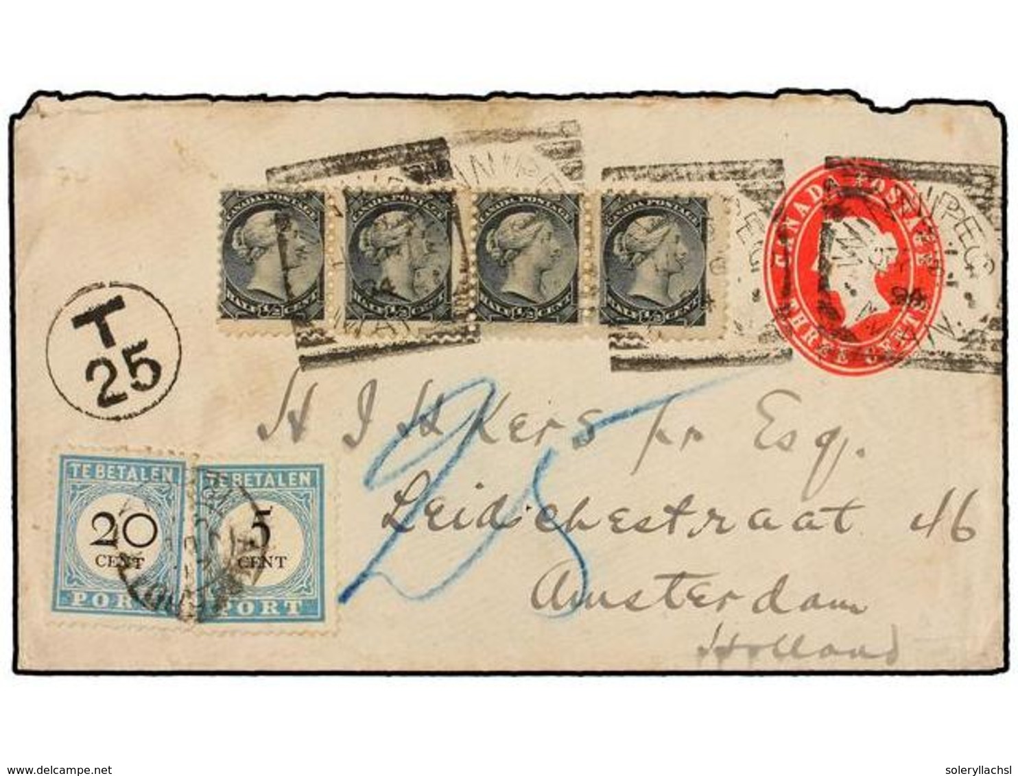 CANADA. 1894. WINNPEG To AMSTERDAM. 3 Cents Red Postal Stationery Envelope Uprated With Four 1/2 Cent Black Stamps. Taxe - Autres & Non Classés