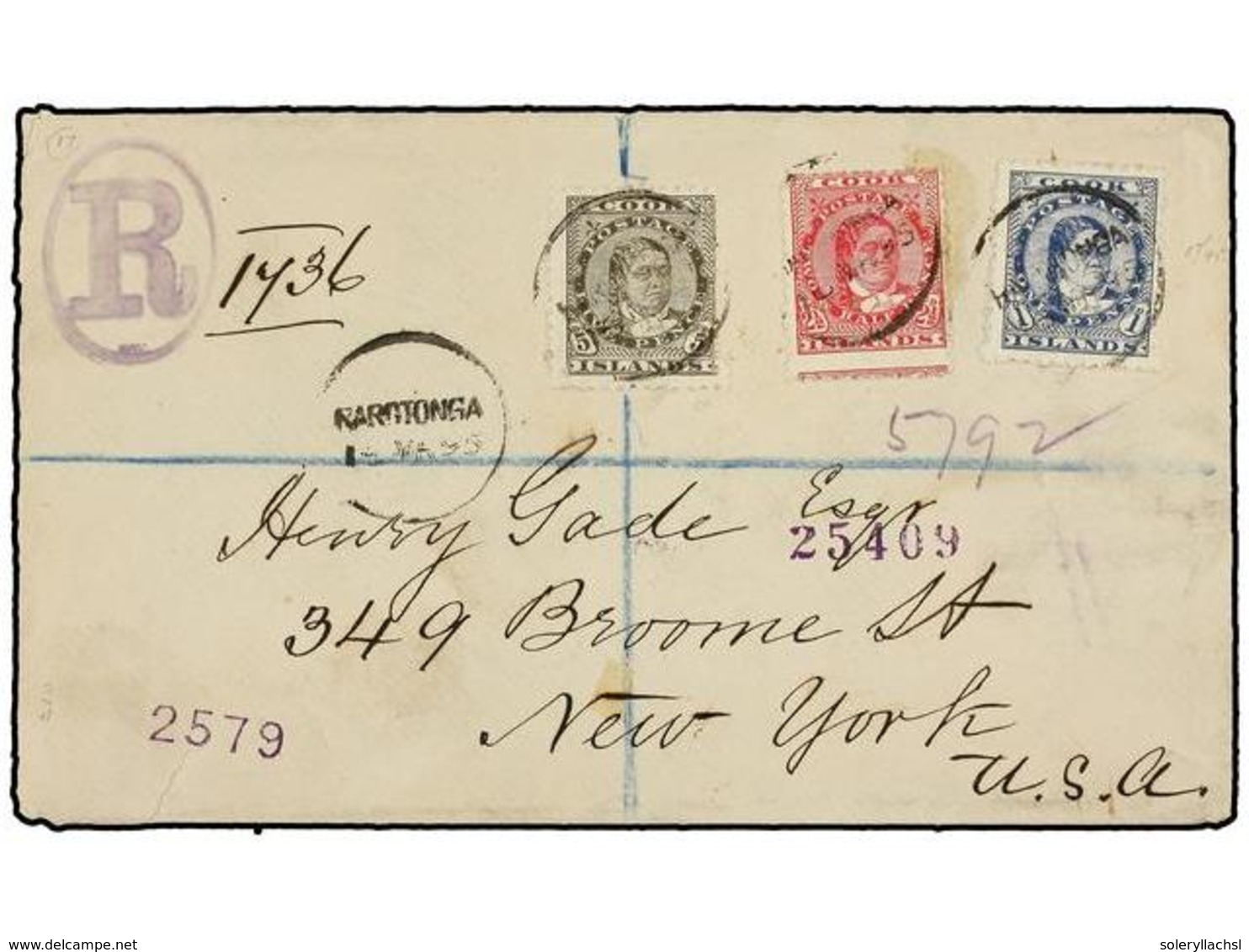 COOK. Sg.6, 8, 9. 1895. RAROTONGA To NEW YORK. Envelope Franked With 1 D. Blue, 2 1/2 D. Rose And 5 D. Grey On Registere - Autres & Non Classés