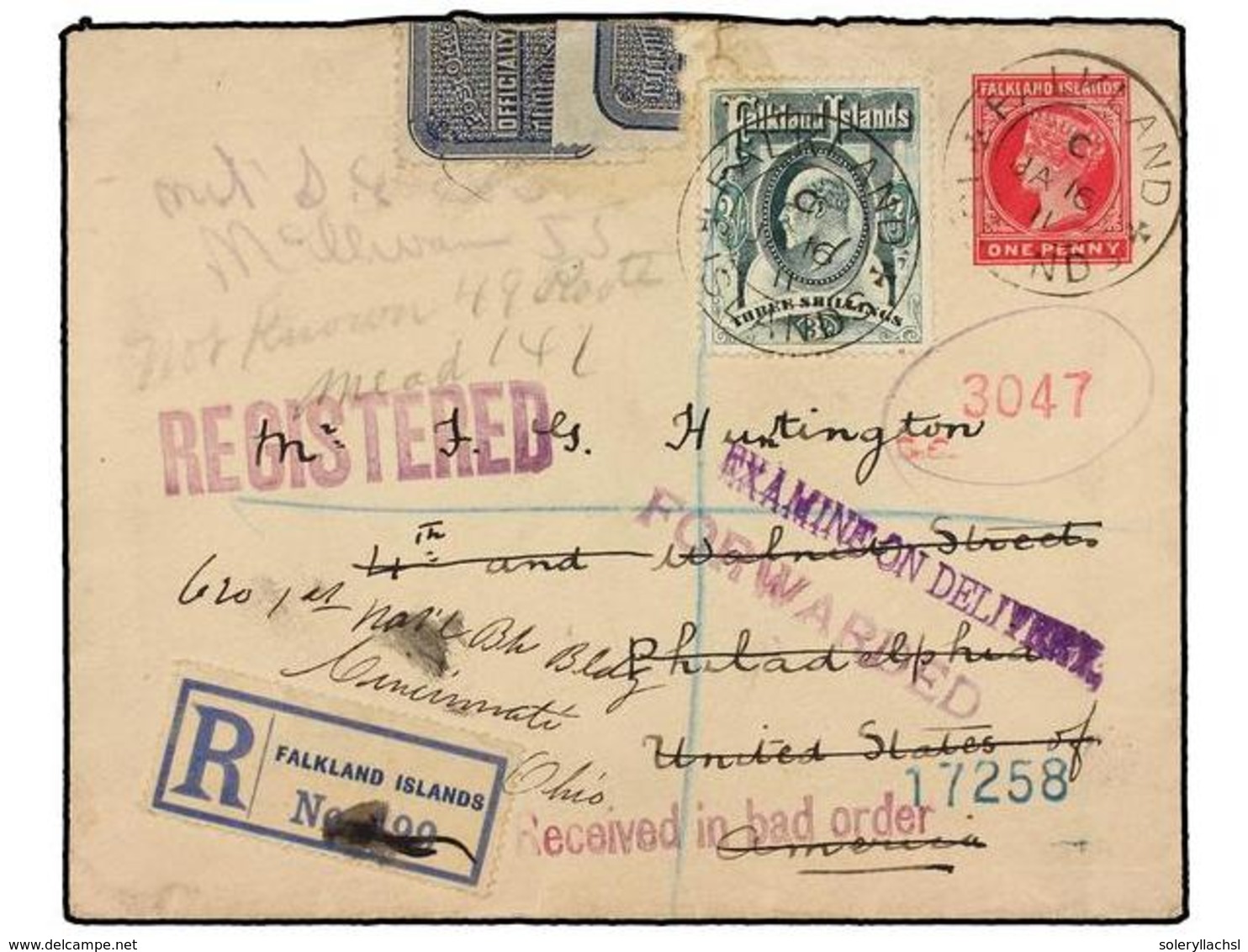 FALKLAND. 1911. FALKLAND To PHILADELPHIA (U.S.A.). 1d. Red Postal Stationery Envelope Uprated With 3sh. Green Stamp Tied - Sonstige & Ohne Zuordnung