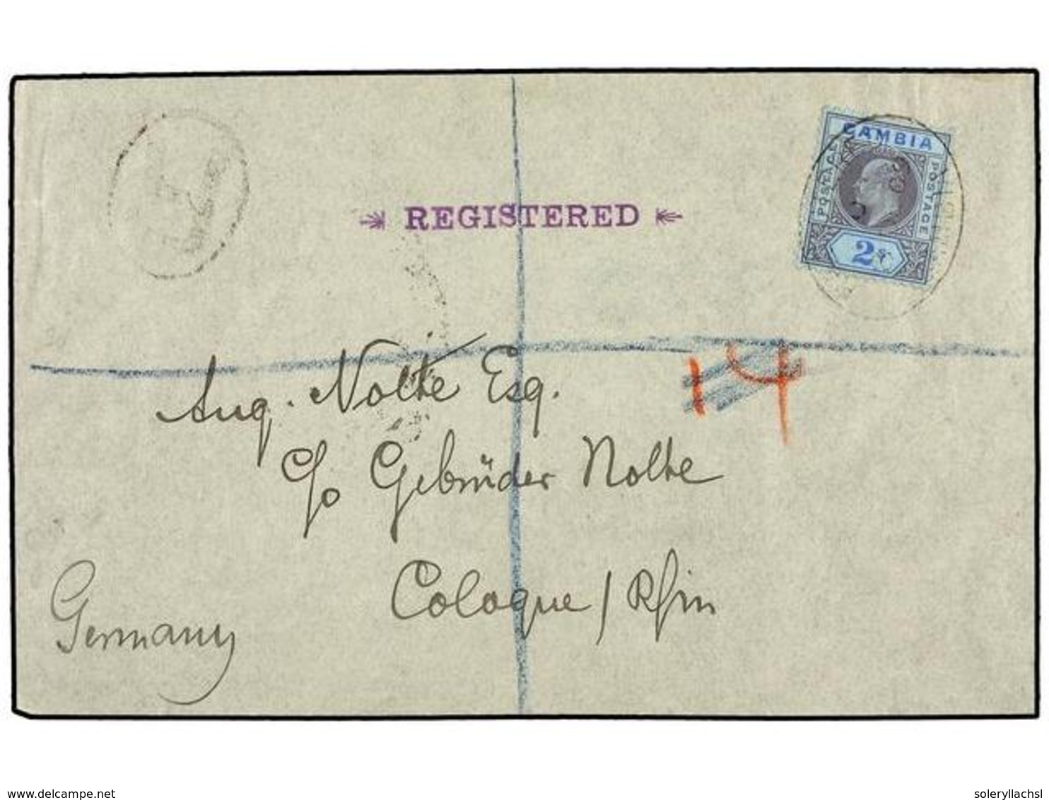 GAMBIA. Sg.83. 1909. GAMBIA To GERMANY. 2 Sh. Blue And Purple, Registered Cover, Arrival On Reverse. - Autres & Non Classés