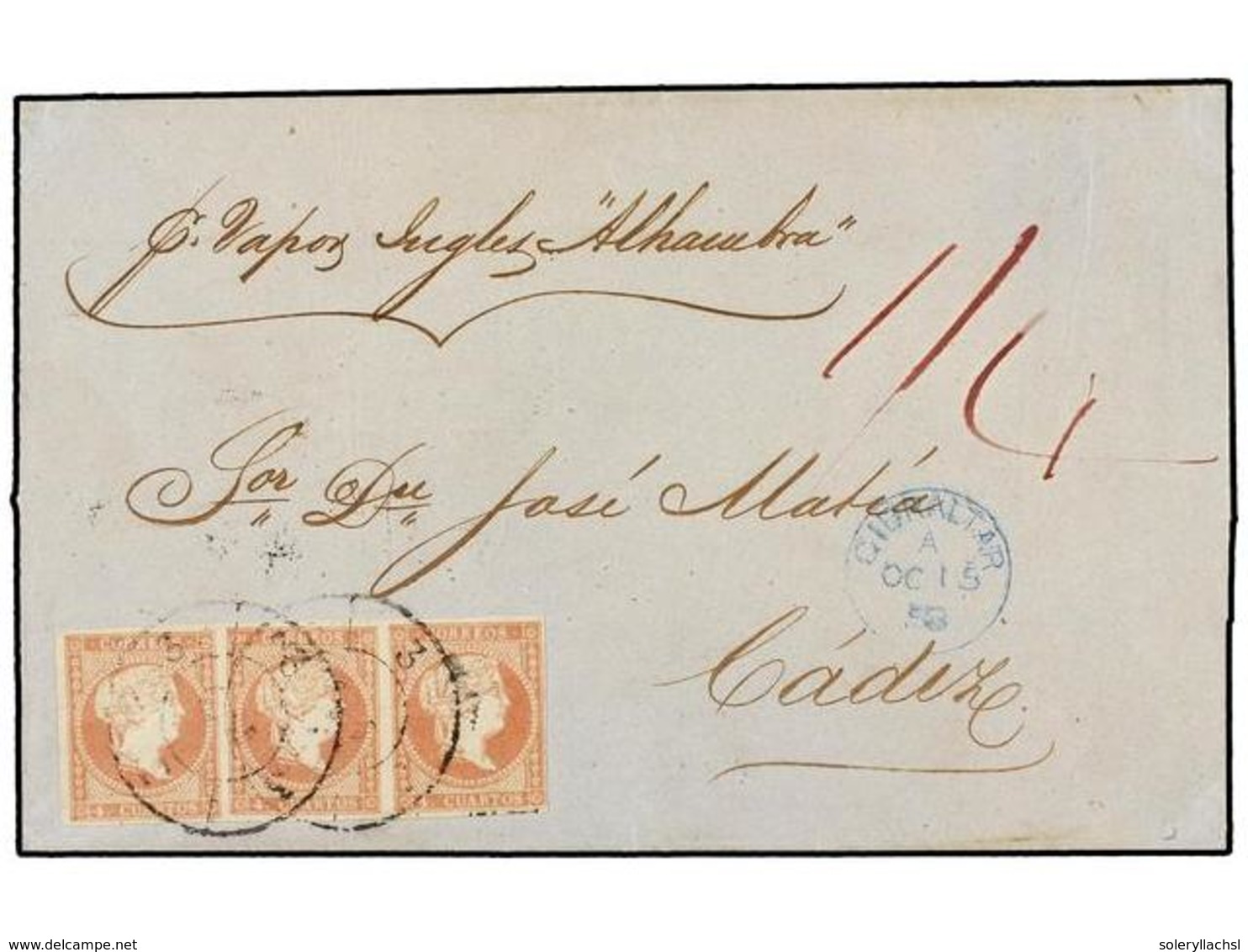 ESPAÑA. Ed.48 (3). 1858. GIBRALTAR A CÁDIZ. 4 Cuartos Rojo Tira De Tres. Mat. R.C. 3 De Cádiz Estampado A La Llegada. Fe - Sonstige & Ohne Zuordnung