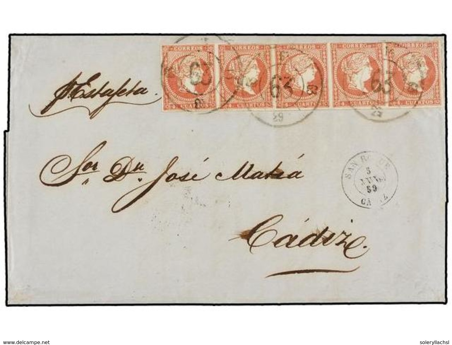 ESPAÑA. Ed.48 (5). 1859. GIBRALTAR A CÁDIZ. 4 Cuartos Rojo (5). Mat. R.C. 63 De San Roque. Precioso Y MUY RARO Franqueo. - Otros & Sin Clasificación