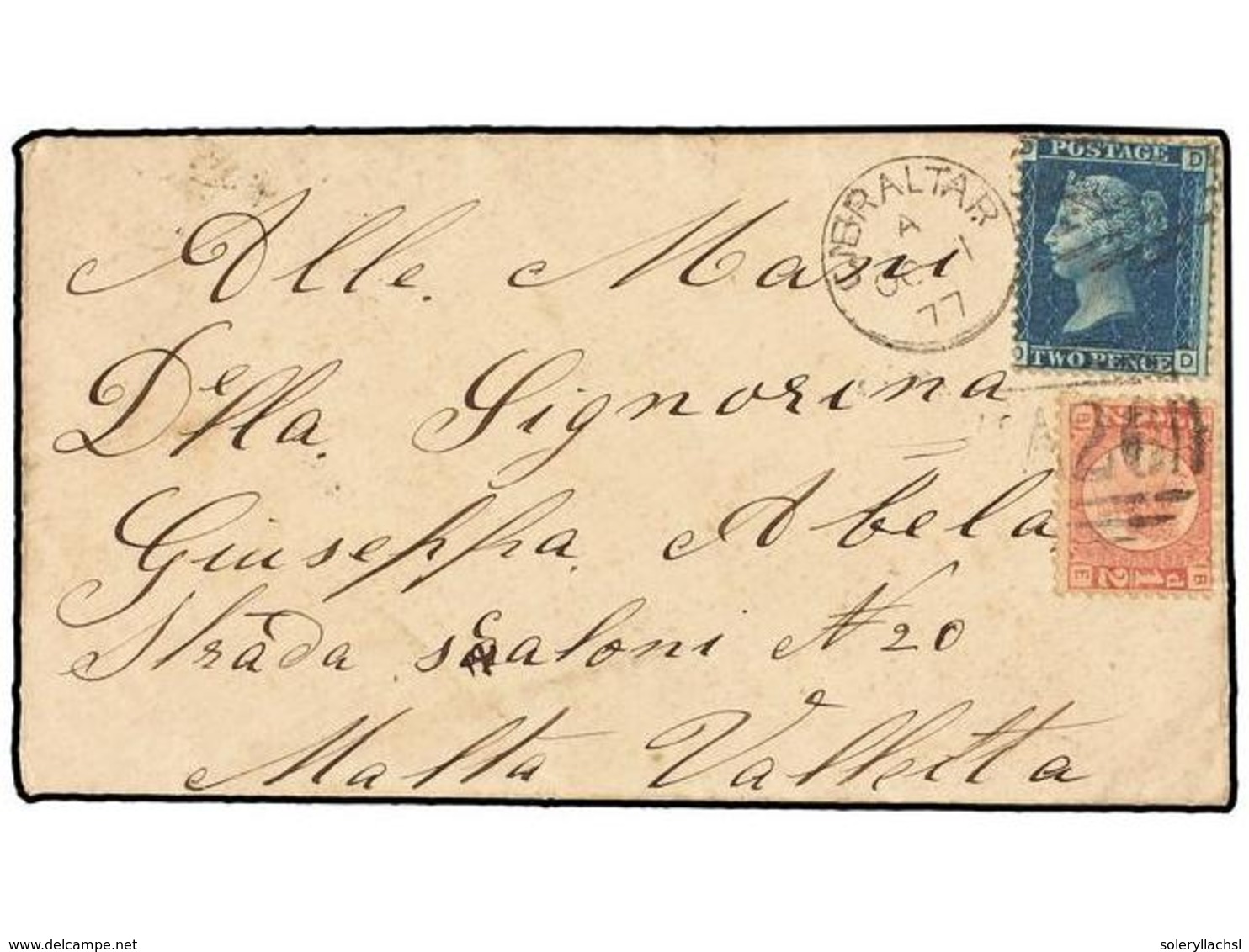GIBRALTAR. 1877. GIBRALTAR To LA VALLETTA (Malta). 1/2 D. Red And 2 D. Blue Tied By A26 Cancel. - Autres & Non Classés