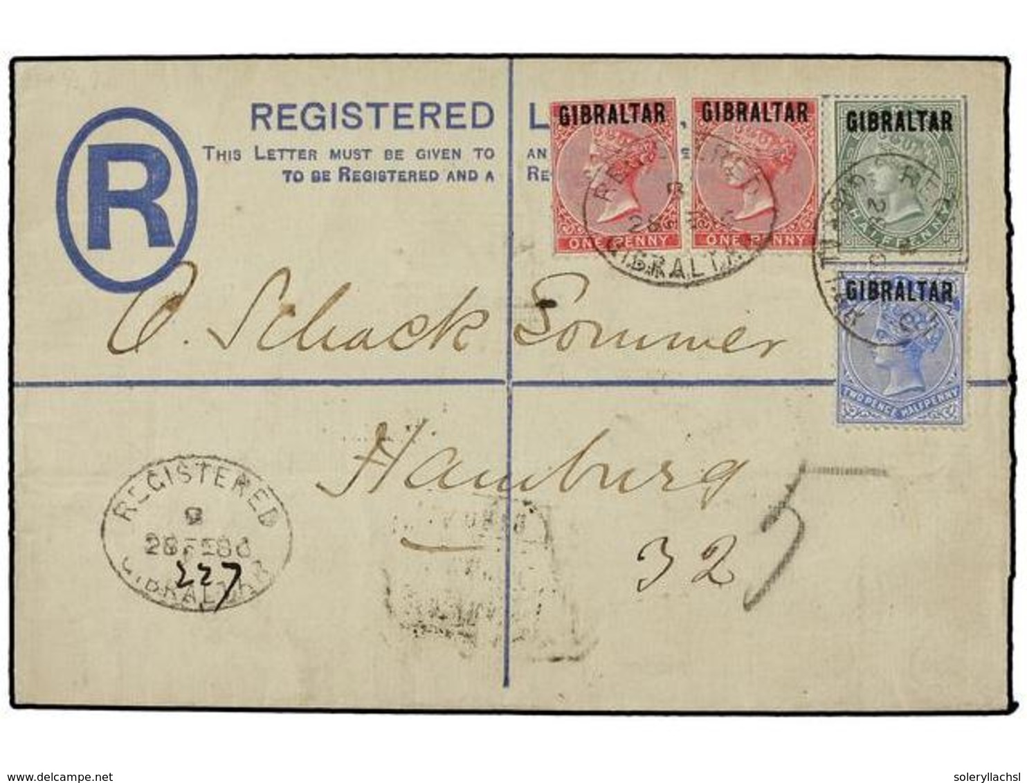 GIBRALTAR. 1886 (Feb. 28). 2 D. G Size Registered Envelope To HAMBURG, Bearing 1/2d Dull Green 1d. Red (2) And 2 1/2d. B - Otros & Sin Clasificación