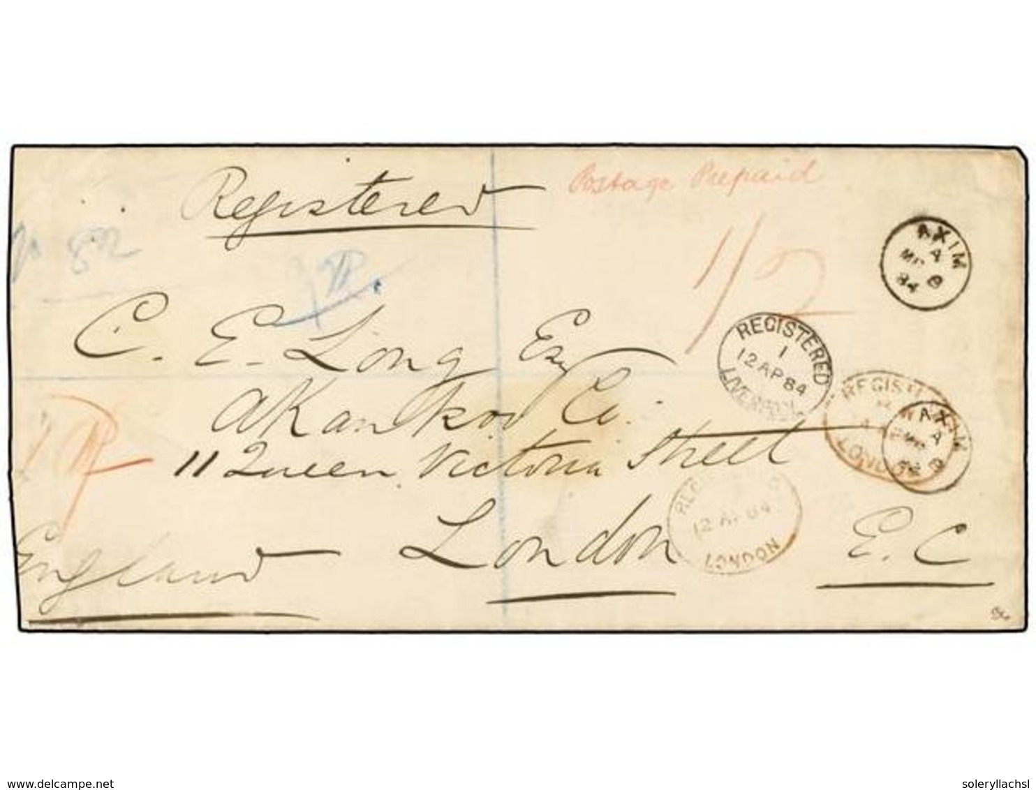 COSTA DE ORO. 1884 (March 8). Registered Cover To London At Triple Rate (1sh. For 1½ Ounces + 2d. Registration) Ex 'Mids - Other & Unclassified